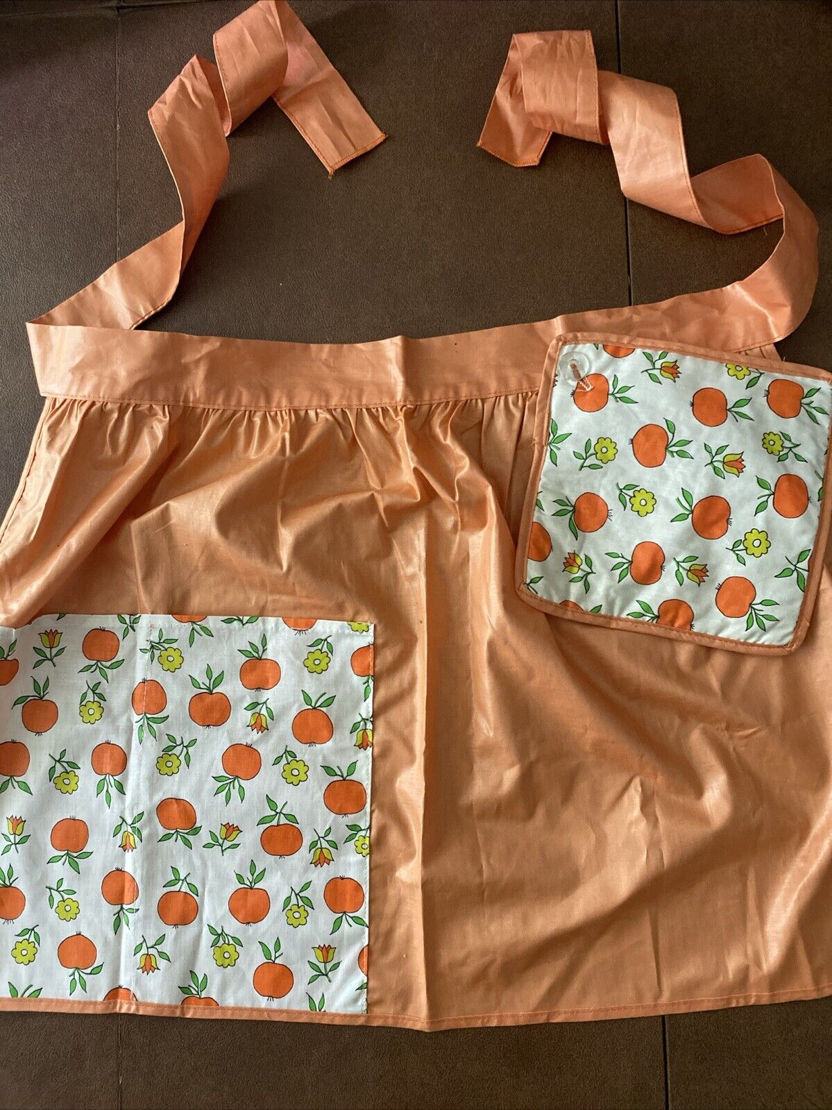 Vintage 70s Orange Cotton Apron Fruit/Flower Accents And Potholder Made In USA