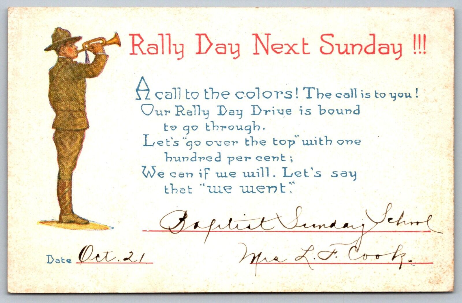 1923 Rally Day Sunday Soldier Blowing Trumpet Call To The Colors Postcard F18
