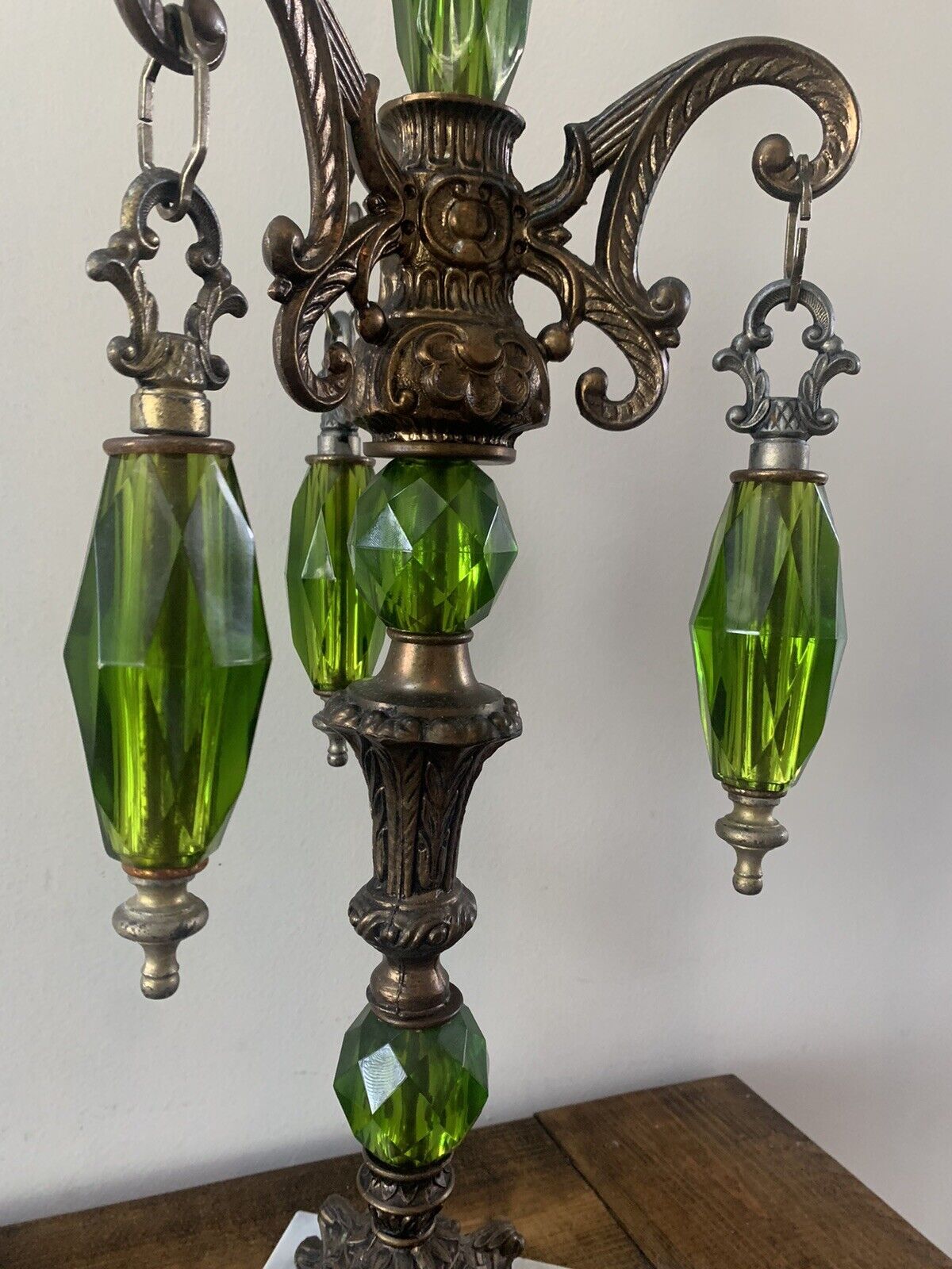 Hollywood Regency Glam Lamp Green Prisms Vintage Italy Marble Table