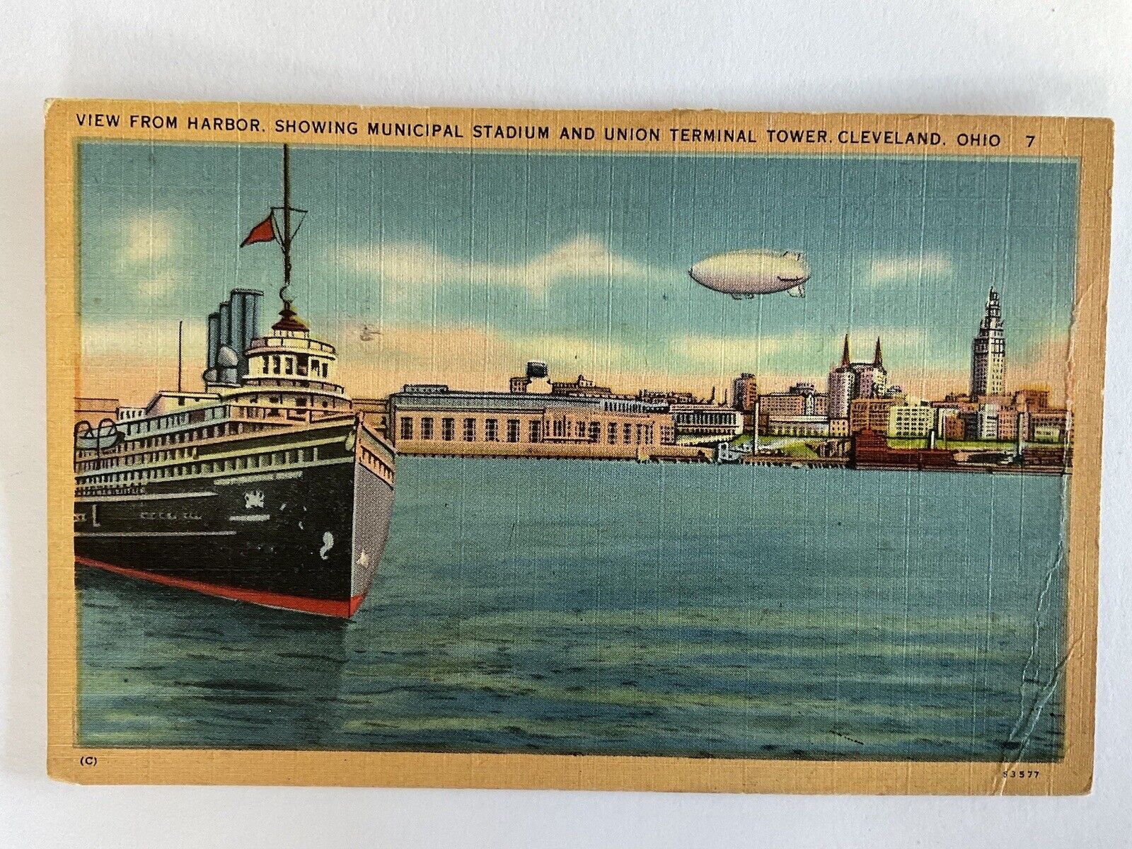 Cleveland Ohio~1946~ship~blimp~Municipal Stadium~Union Terminal Tower~OH~linen