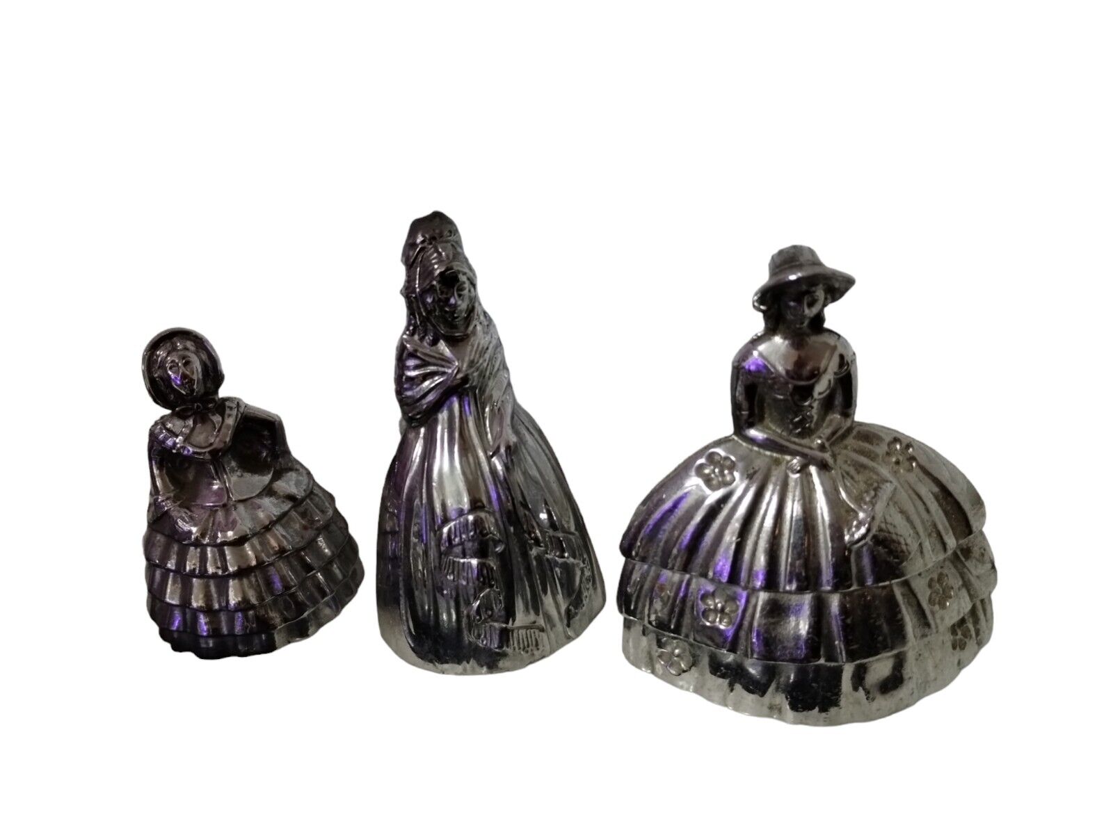 VINTAGE VICTORIAN WOMEN SILVER TONE METAL FIGURINES LOT OF 3 MADE IN ENGLAND 