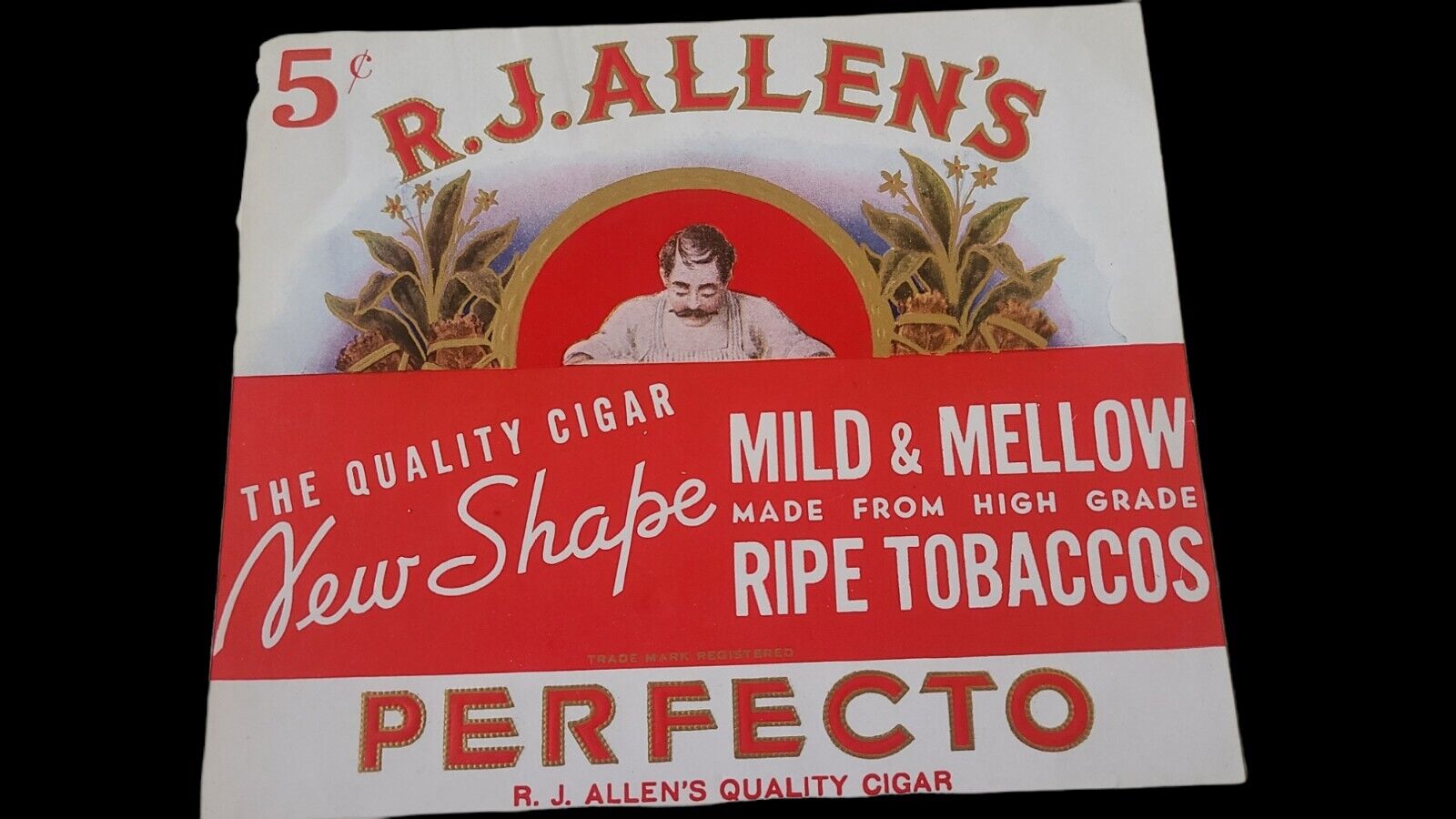 Vintage Original Cigar Box LABEL - R. J. Allen\'s Perfecto Mild & Mellow 