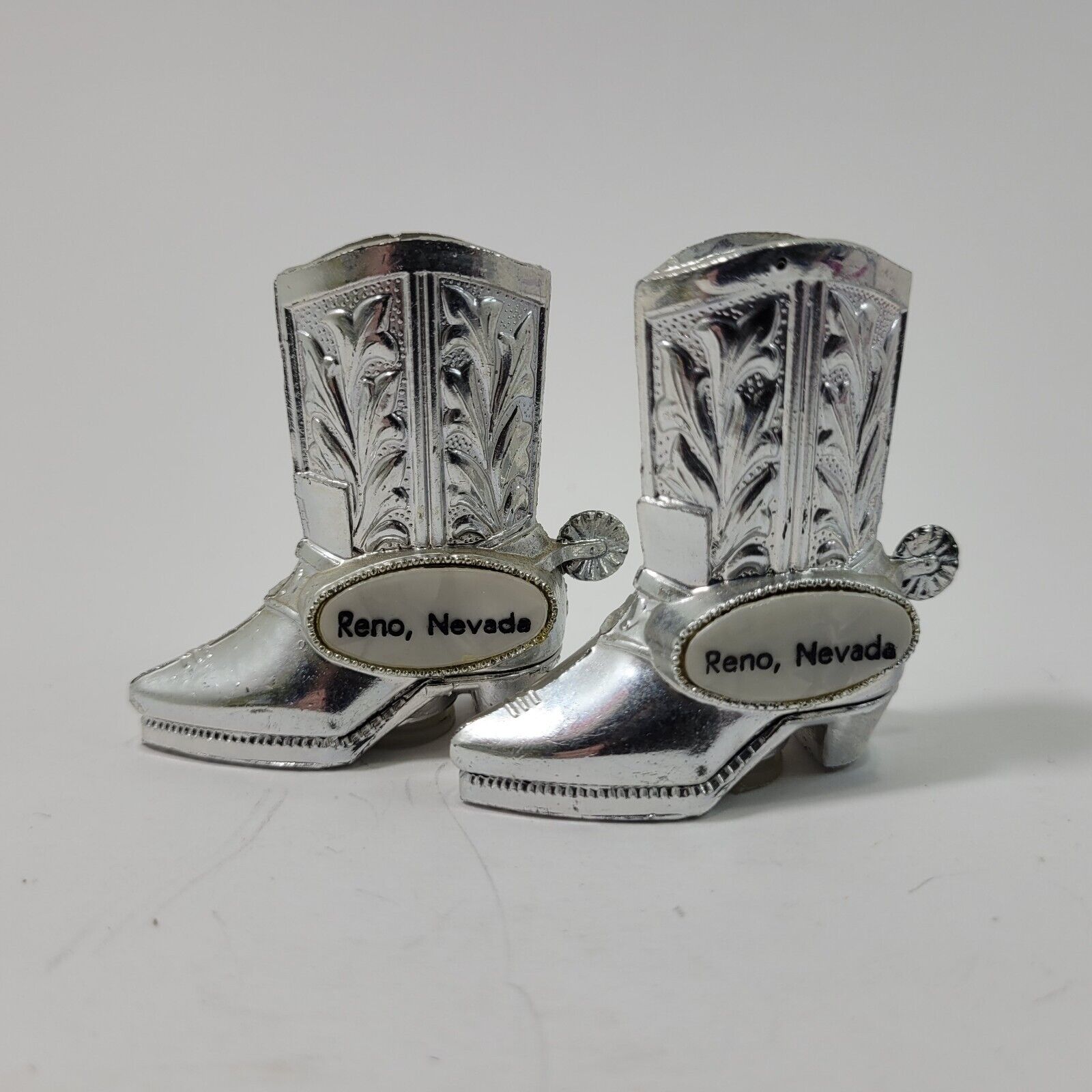 Vtg Western Cowboy Boots Silvertone Metal Souvenir Salt & Pepper Shakers Reno NV
