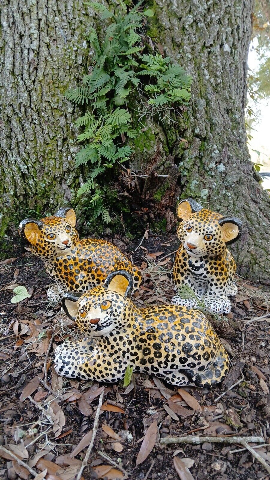 Italian Mid Century Vintage Hand Painted Majolica Leopard Cub Statues HTF 