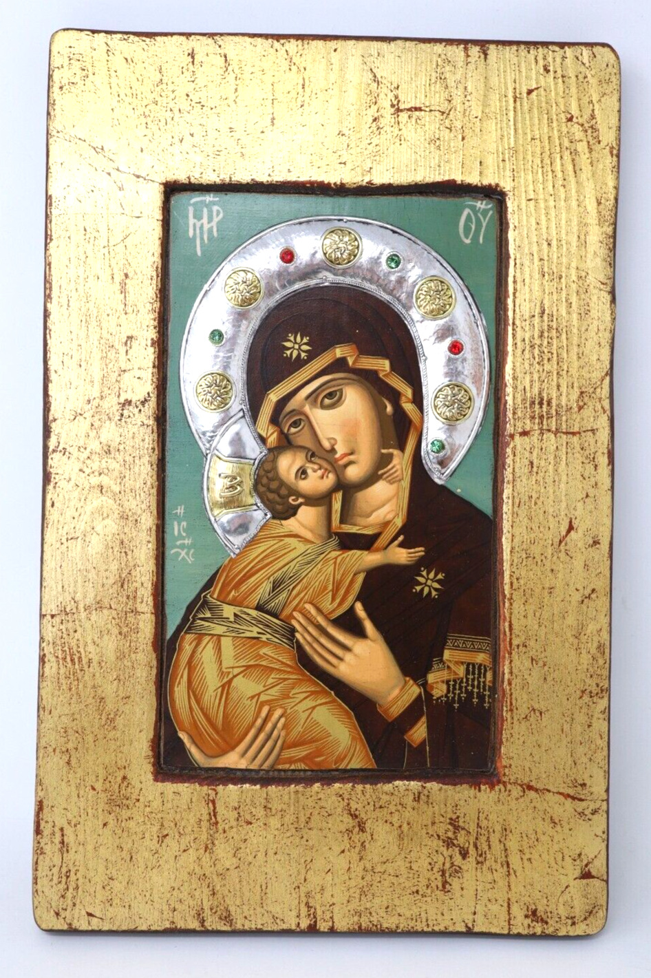 Antique Greek Orthodox Our Lady of Vladimir Handpainted Wall Plaque 13.25 In