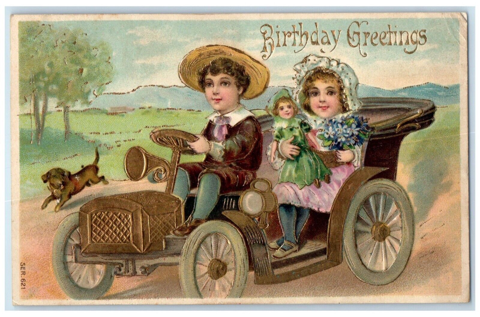 1908 Birthday Greetings Children Girl Doll Driving Car Dog Embossed Postcard