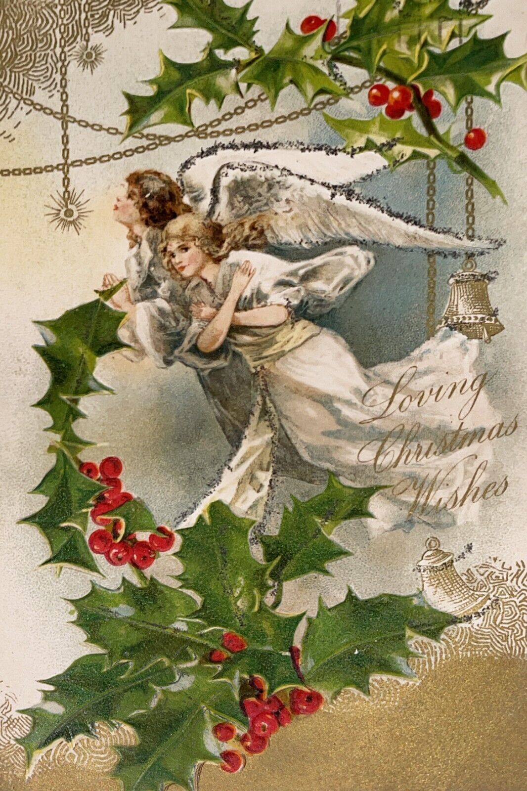 Antique Christmas Postcard Angel Silver Mica Bells Embossed Phila 1910s Vtg N6