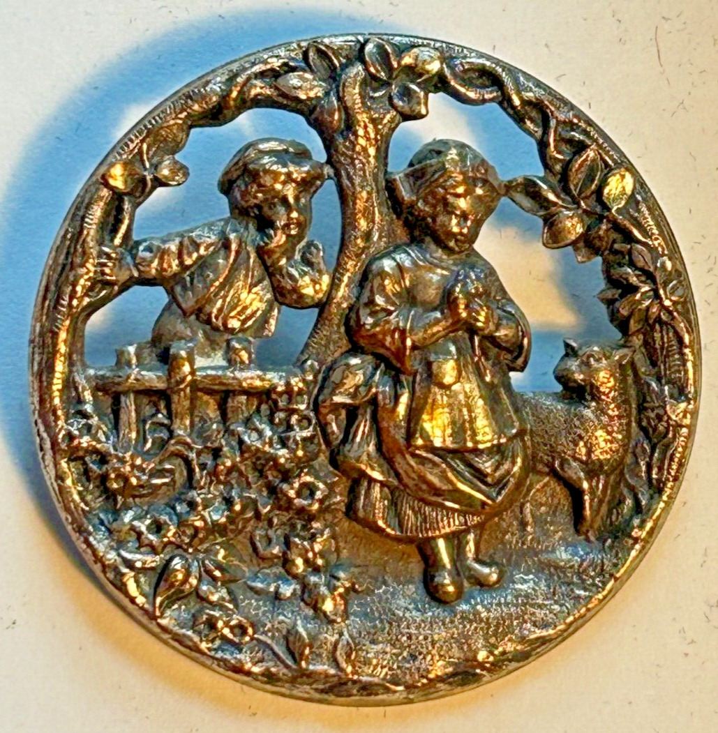 VTG 1940\'s Openwork Metal French Button Dutch Boy & Girl w/Sheep 1-7/16\