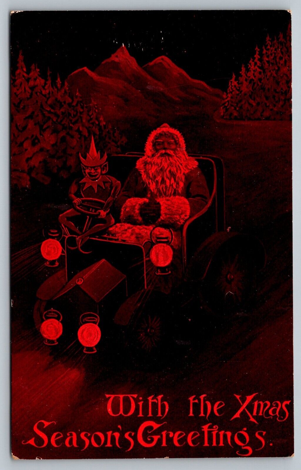 Postcard Valentines Santa Clause & Evil Elf Driving Antique Car In The Snow Xmas