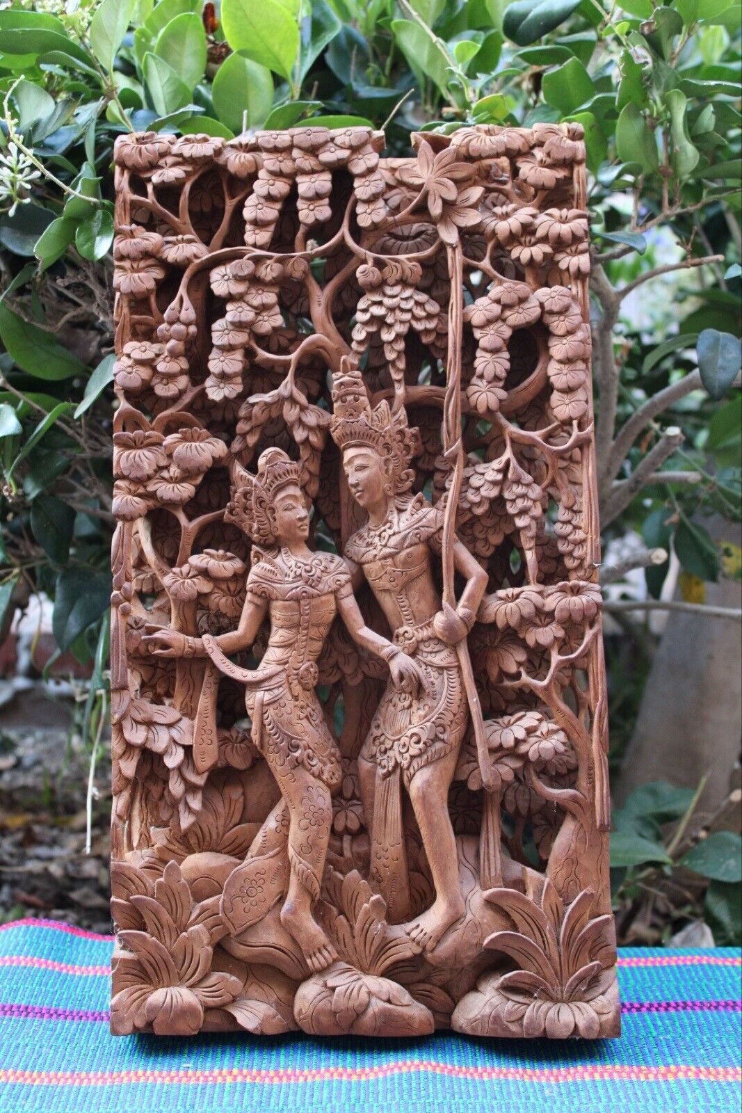 Balinese Hand Carved Wood Sculptural Panel Portraying Rama & Sita 17.5”