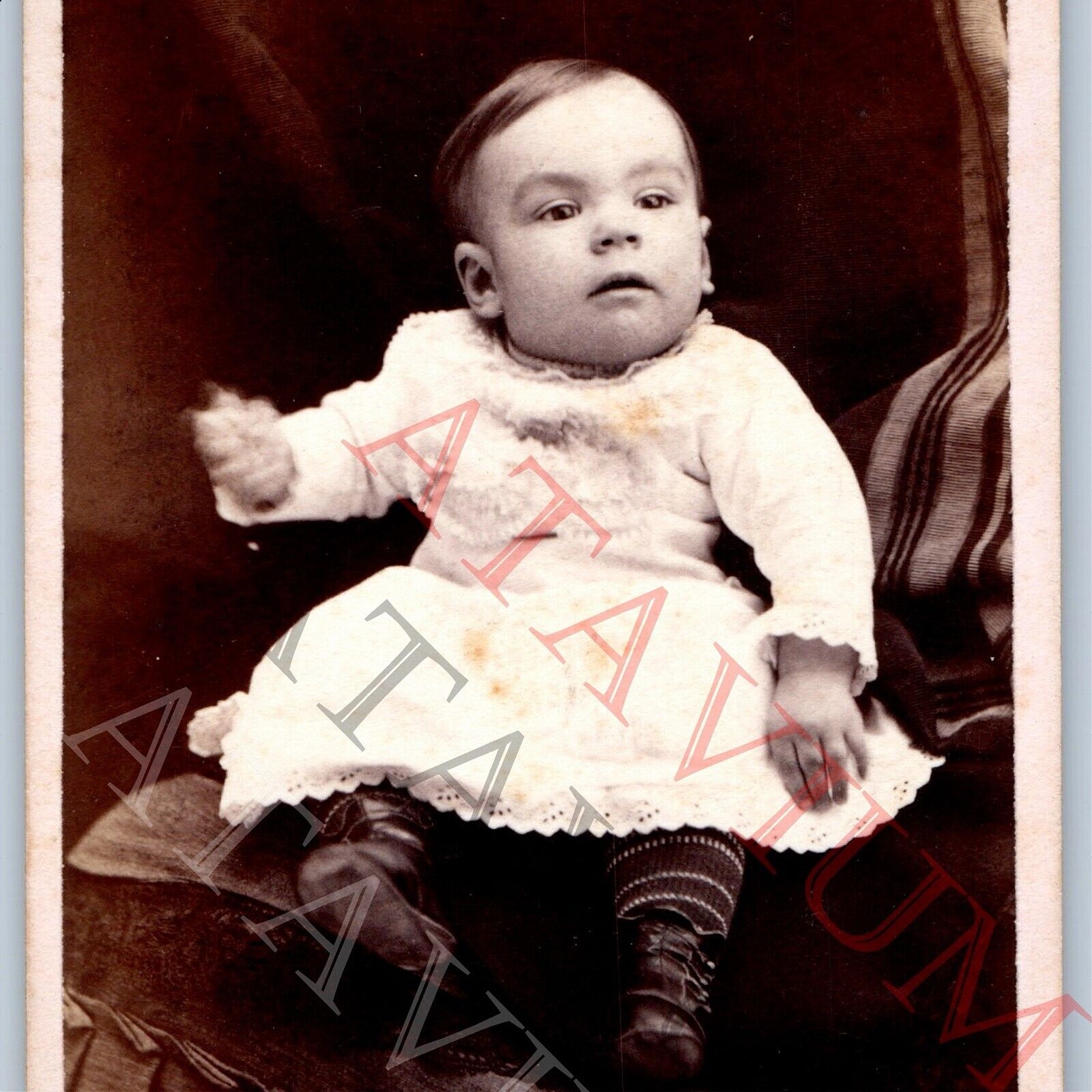 c1880s Dubuque, IA Cute Baby Boy Dress CDV Real Photo Card Shoes Bilbrough H41