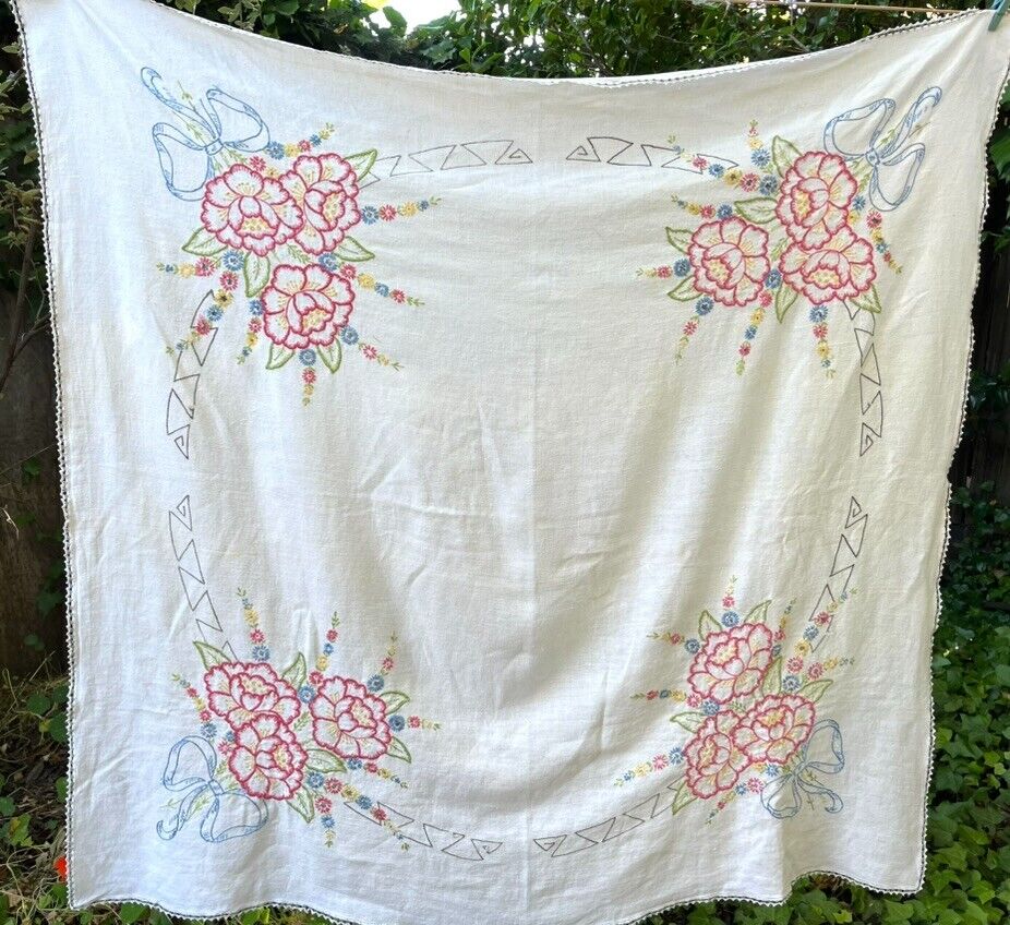 Vintage Hand Embroidered Tablecloth with Rose Bouquet  w/Ribbons Crochet Trim