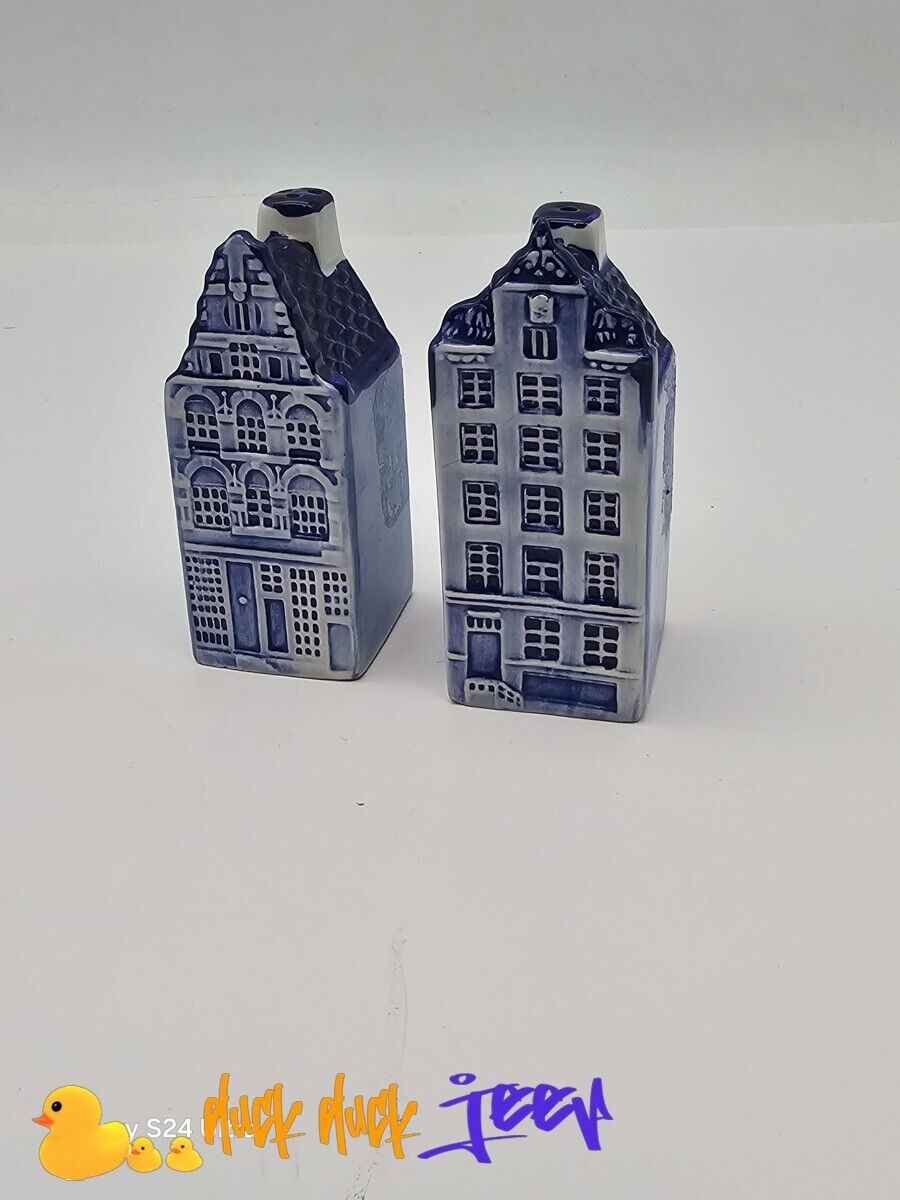 Dutch Delfts Blue Hand Painted Canal House Salt and Pepper Shakers Holland Vtg