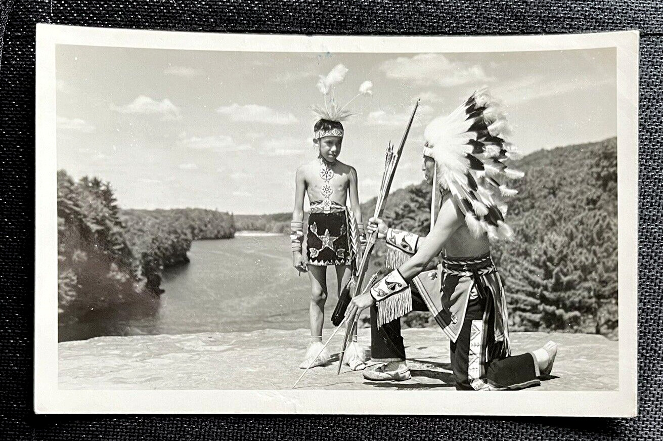 RPPC Indians Native Americans Wisconsin Dells Headdress Boy Bow & Arrow  A9