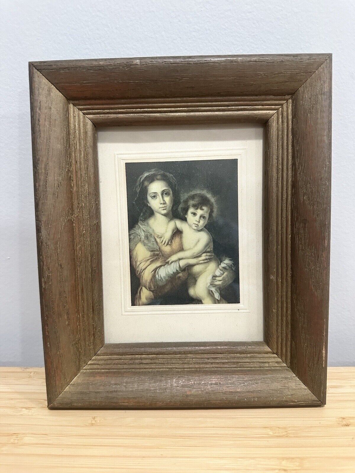 Vintage Wood Frame And  Madona and Jesus Child Pic 6 x 8
