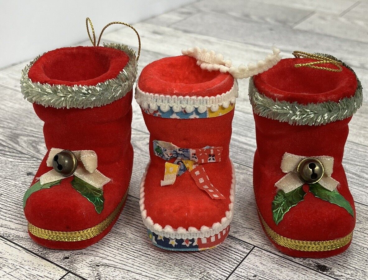 3 Vintage Flocked Santa Boot Christmas Ornaments Red White Holly Bows Japan