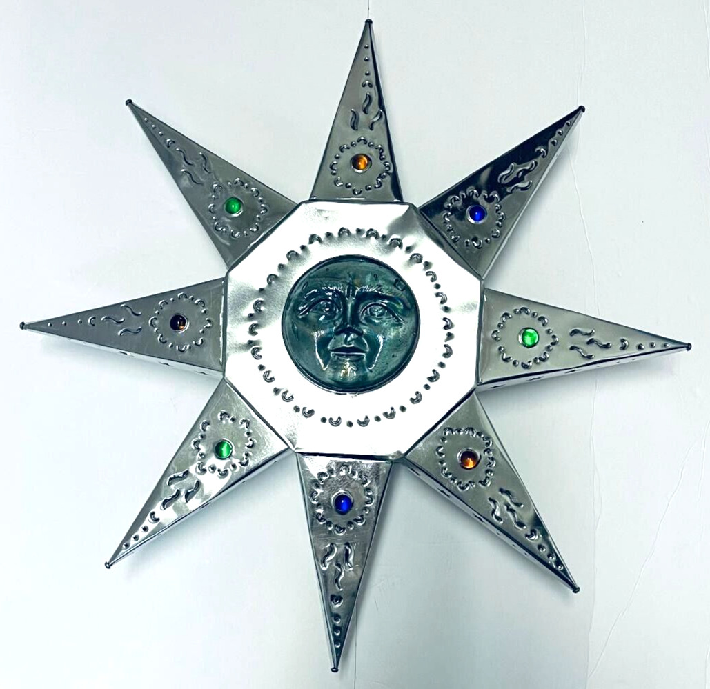 Punched Tin Star with Marbles and Glass Moon Face Wall Art