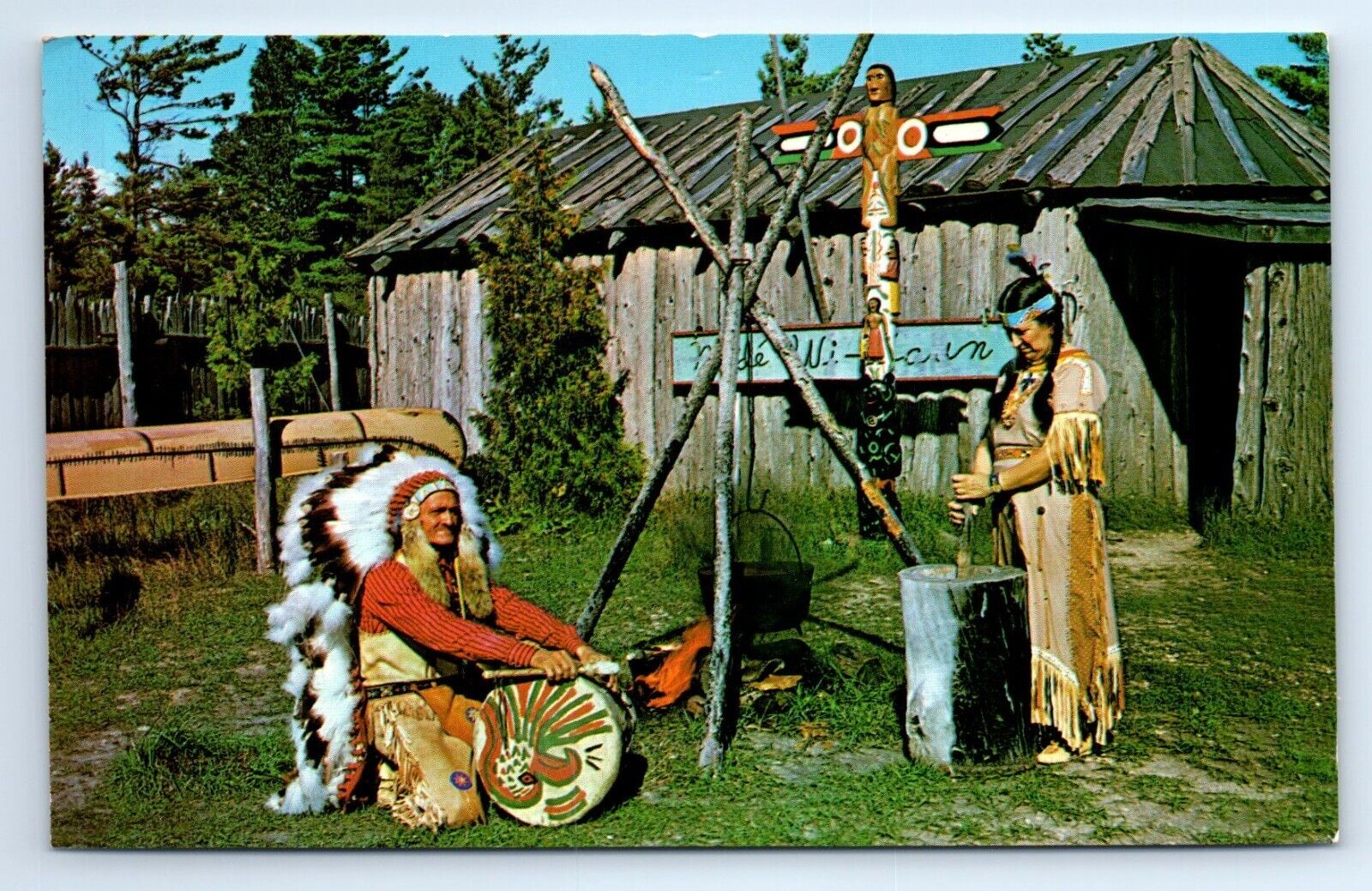 St. Ignace Michigan Chief White Wolf Happy Day Woman Chrome Postcard c.1960