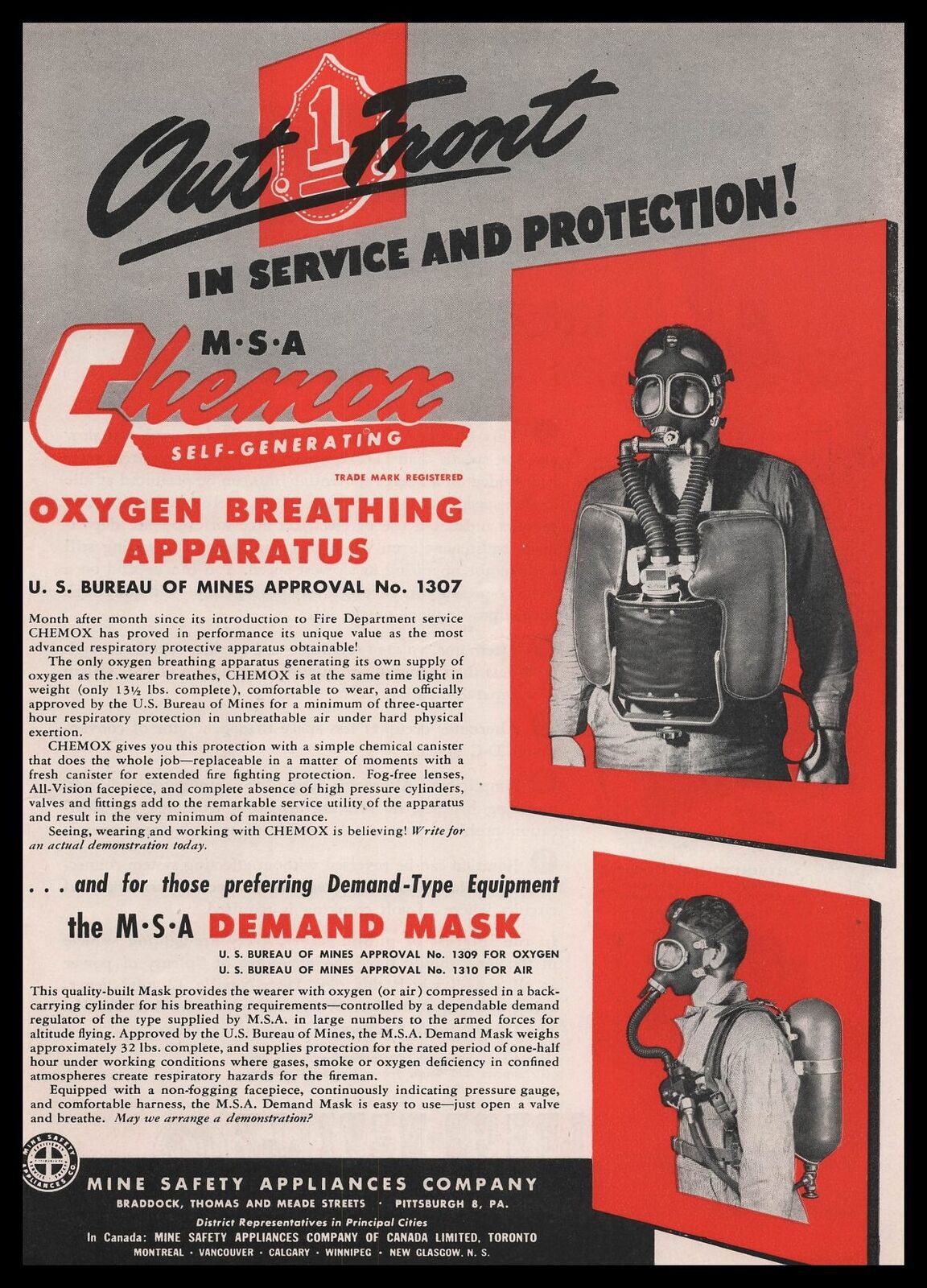 1947 MSA Demand Mask Photos Chemox Oxygen Breathing Apparatus Vintage Print Ad