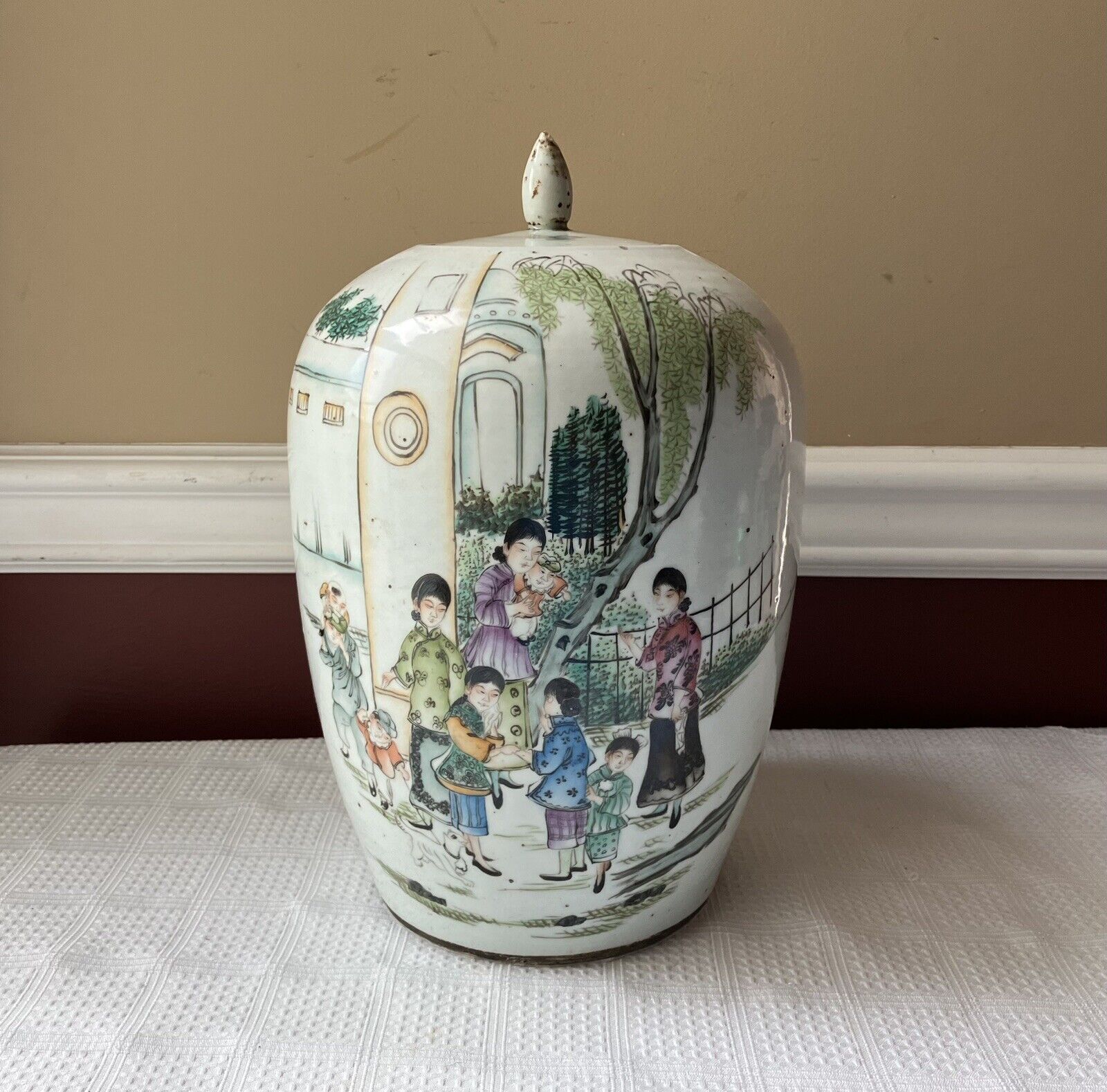 Large Antique Chinese Porcelain Palace-scene Covered Jar, 12.25” T x 7.5” W