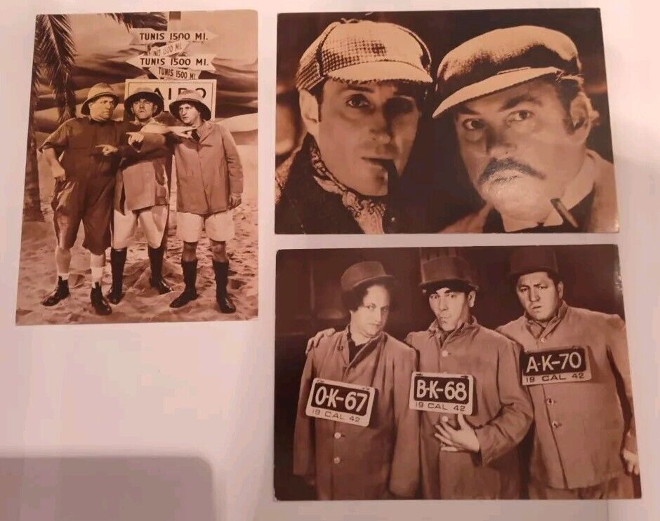   1982 THREE STOOGES & Holmes POSTCARDS Norman Maurer Productions Lot Of (3)