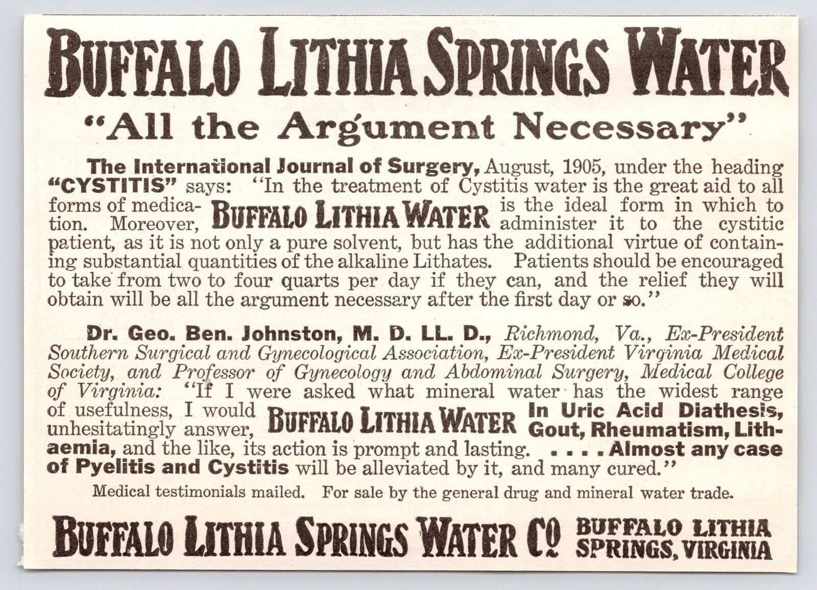 c1880s Buffalo Lithia Springs VA Mineral Water Cure All Quack Antique Print Ad