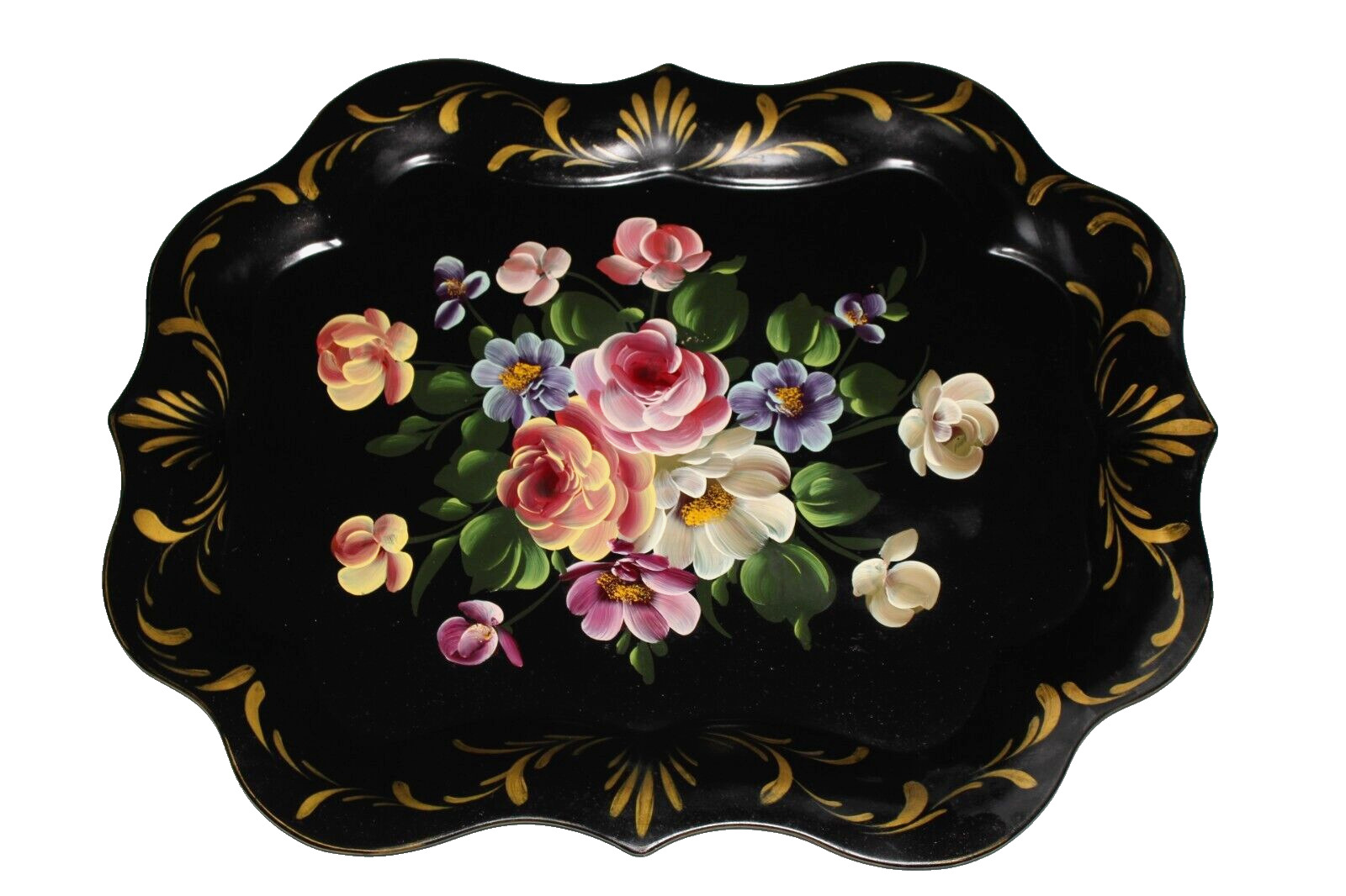 VTG Hand Painted Floral Scalloped Edge Toleware Tray Gold Accents 24 3/4\