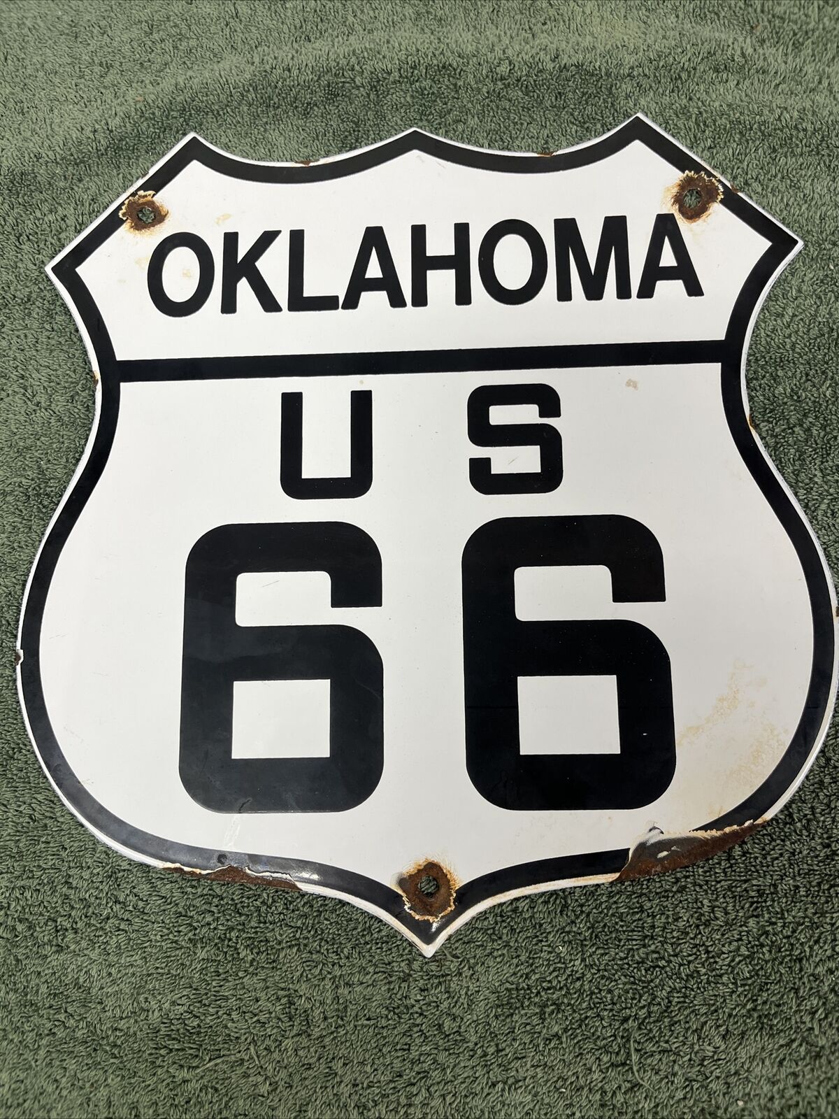VINTAGE US ROUTE 66 OKLAHOMA PORCELAIN HIGHWAY SHELD Original Sign