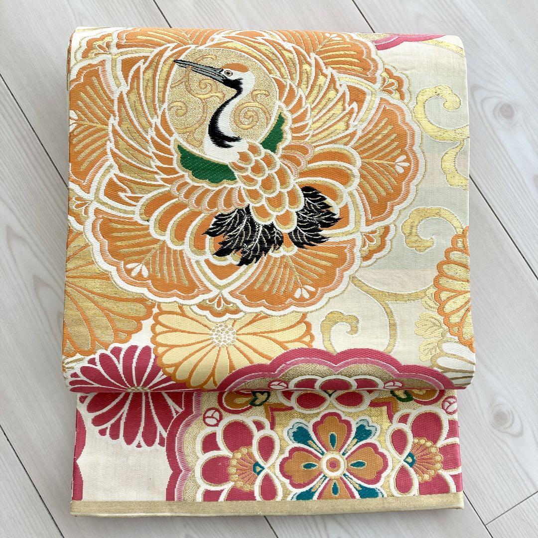 Japanese used Maru OBI KIMONO belt Pure Silk woven fabric Colorful Crane