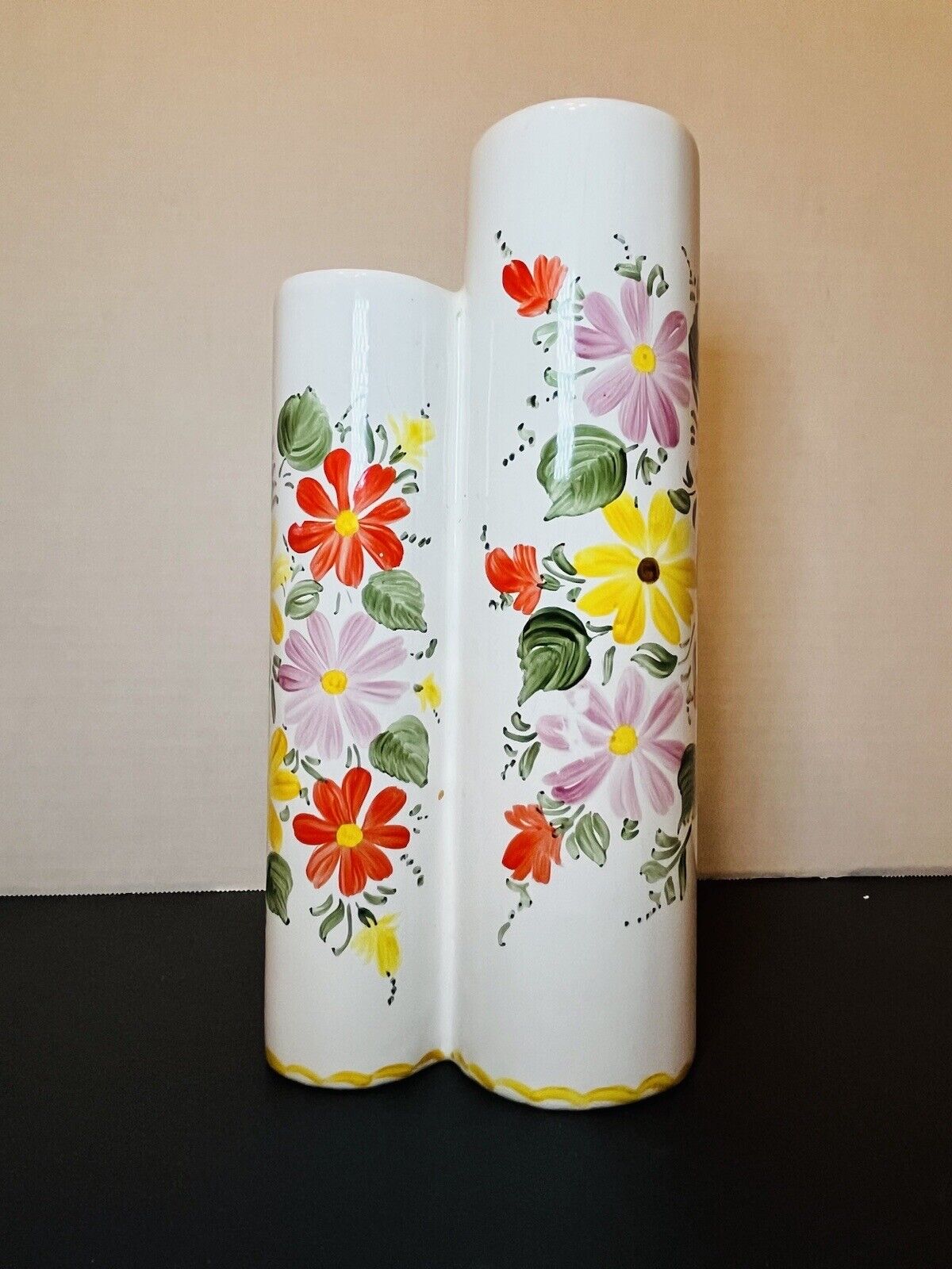 Vintage Double Bud Vase Signed  Floral Pattern Cottage Core
