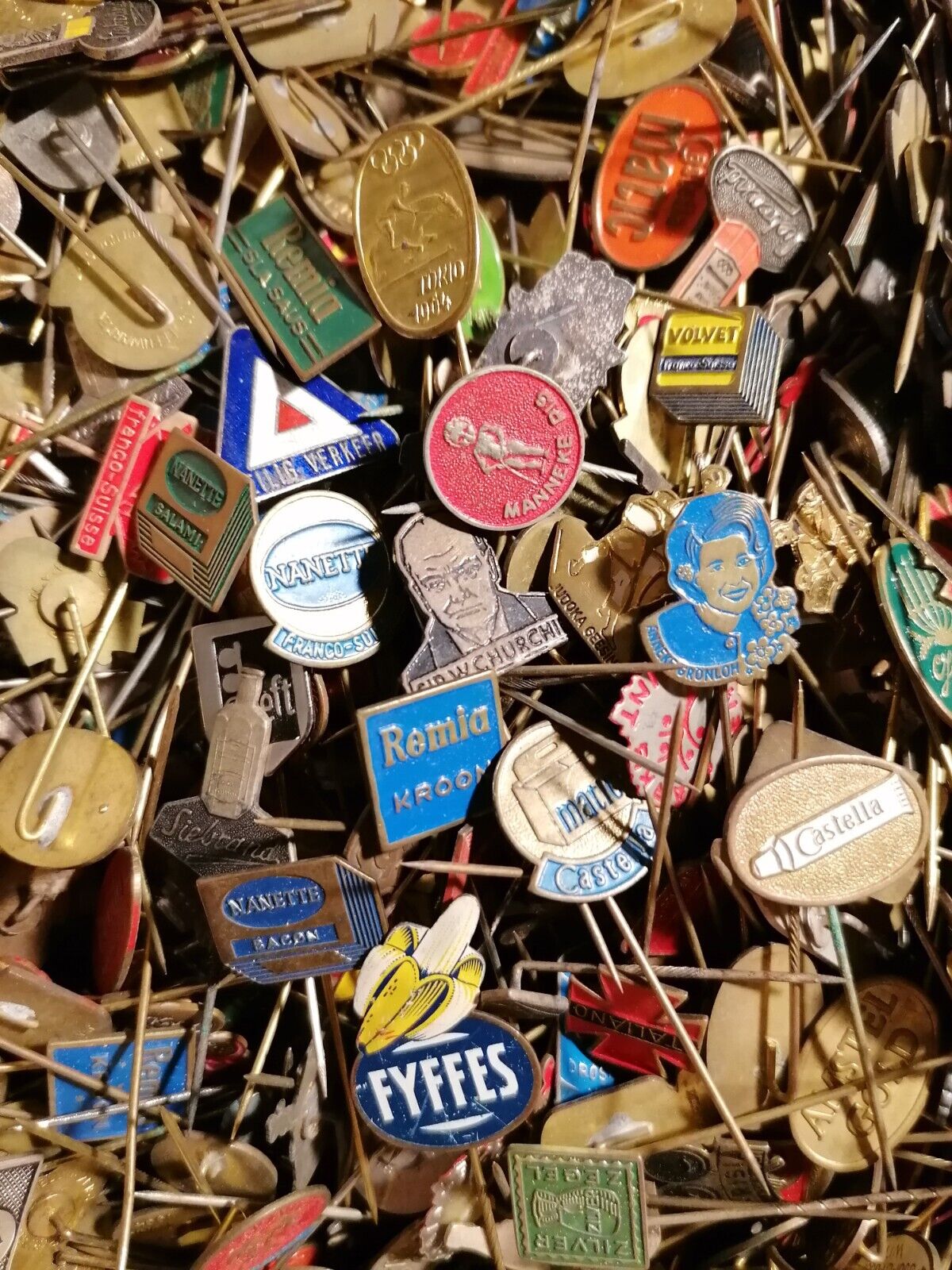 25 Rare, vintage metal stick pins.  Metal Advertising Pins from the 1960s