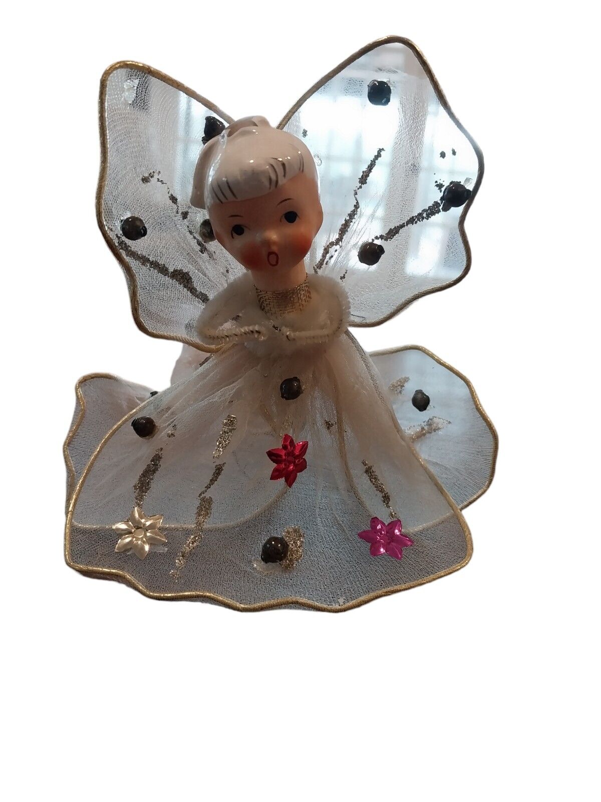 Vintage Christmas Angel Ornament Tulle Wings Flocked  Mercury Bead MCM READ