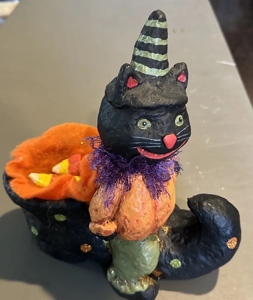 Whimsical Folk Art Halloween Black Cat Pumpkin On Witch’s Shoe With Candy Corn