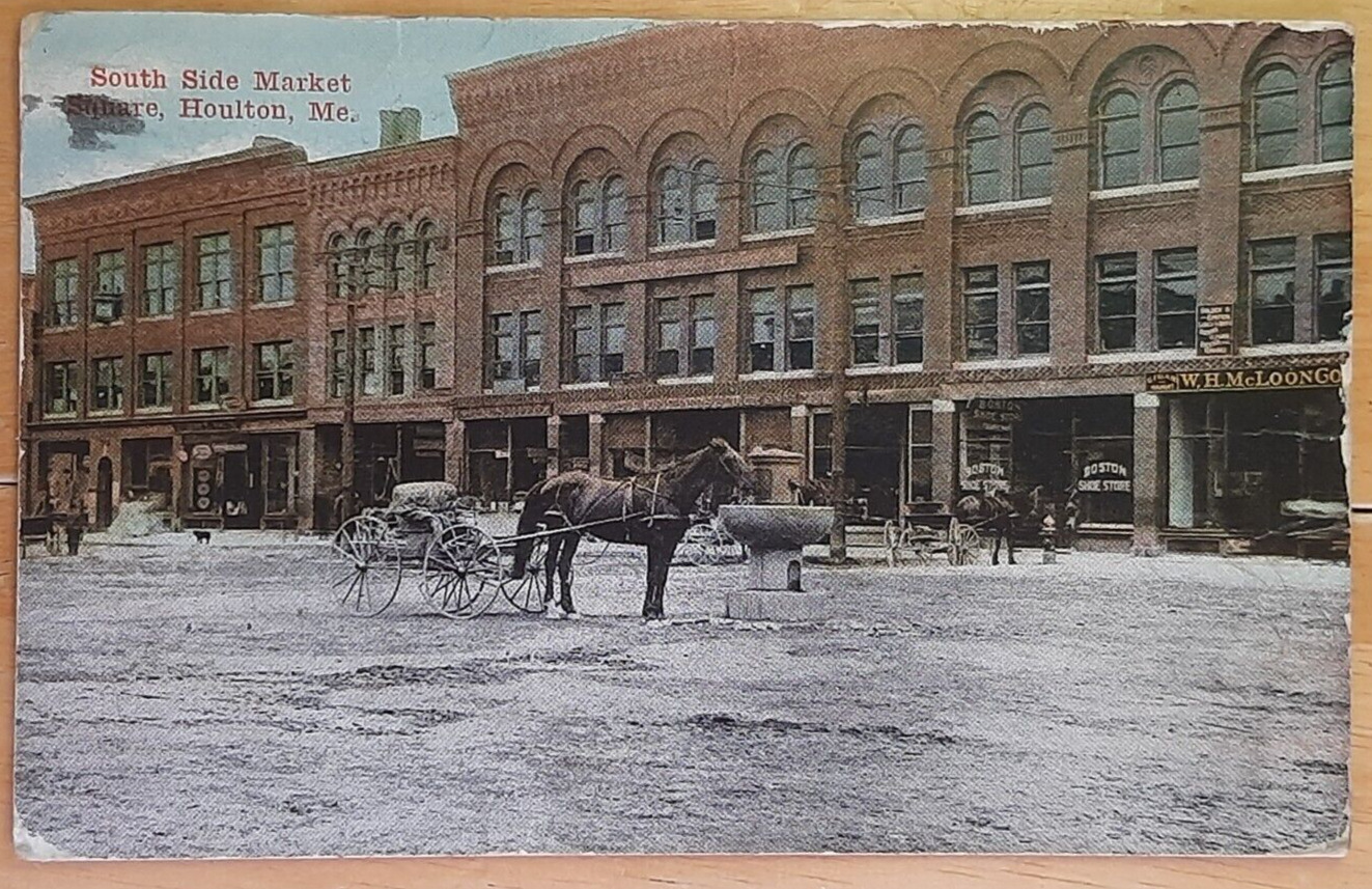 Postcard Houlton Maine South Side Market Square Horse Carriage Street Scene