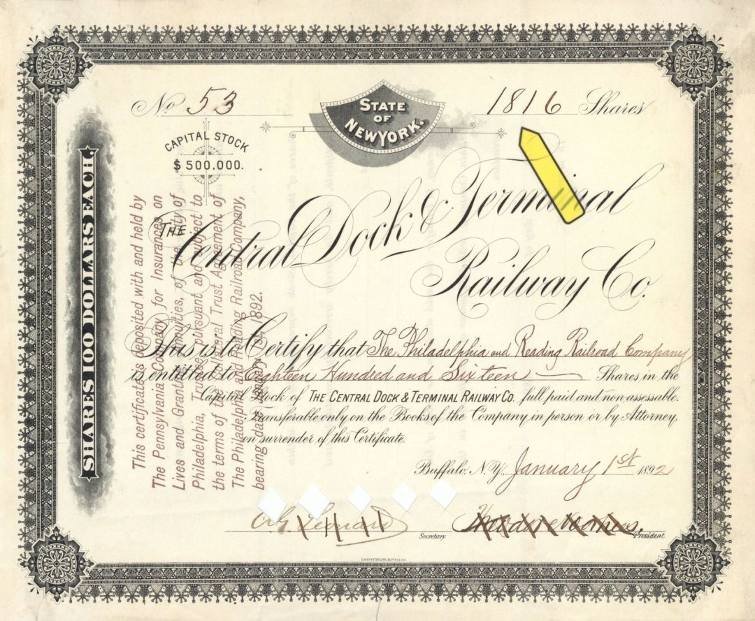 Central Dock Terminal Railway Co. - High Denominations Stock Certificate - Railr