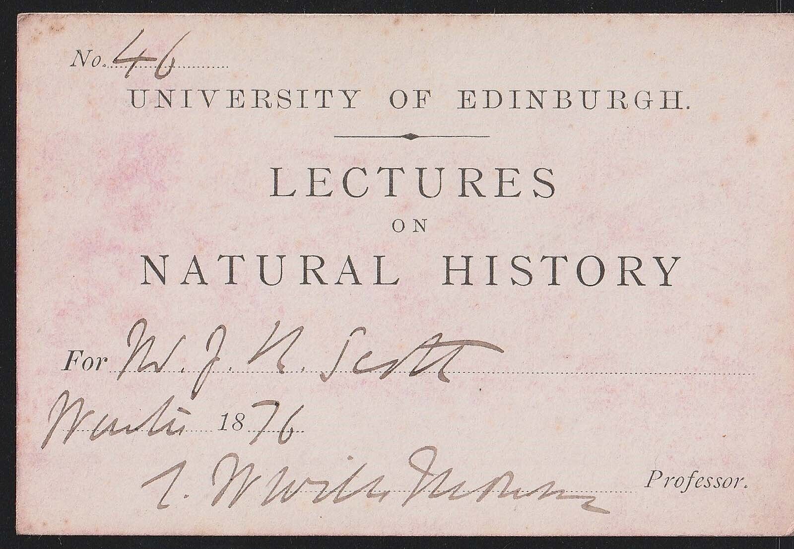 1876 EDINBURGH UNIVERSITY CARD, Sir Charles Wyville Thomson, Natural History