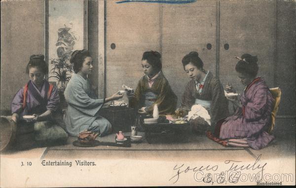 Japan 1905 Woman Entertaining Visitors Rotograph Postcard 1c stamp Vintage