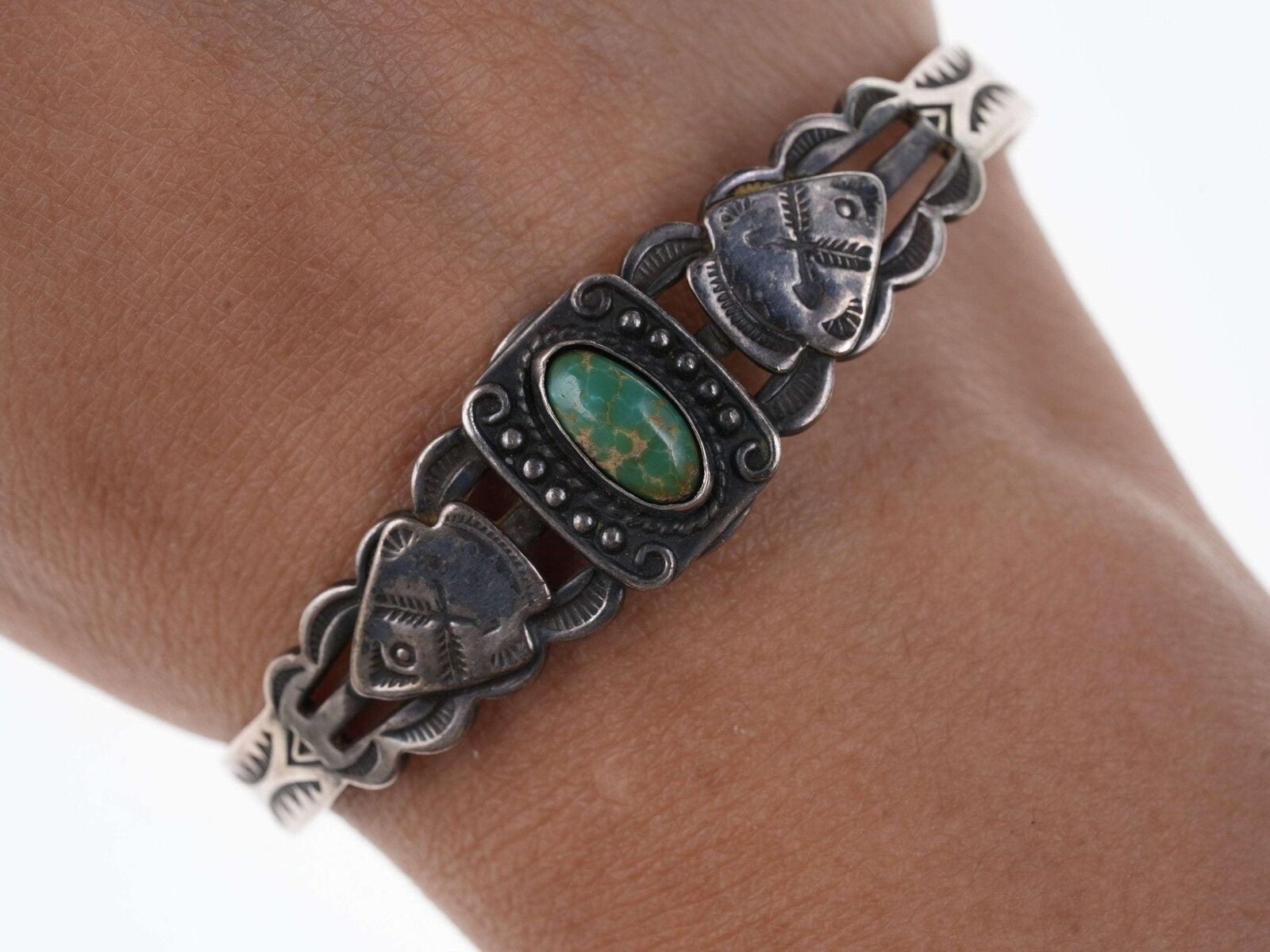 Vintage Fred Harvey era Native American Sterling/turquoise cuff bracelet x