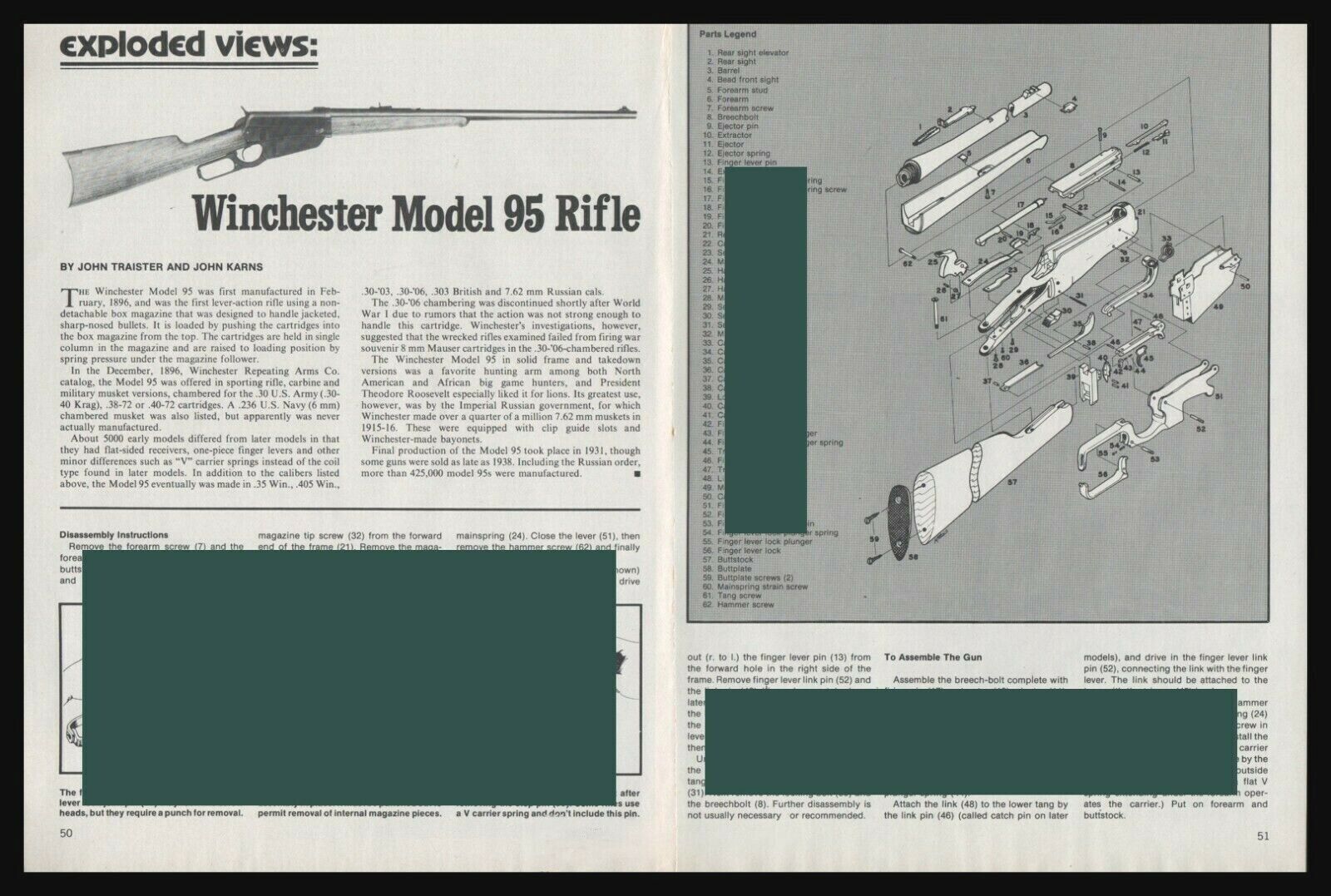 1981 WINCHESTER Model 95 Lever Rifle Exploded View Parts List Assembly Article