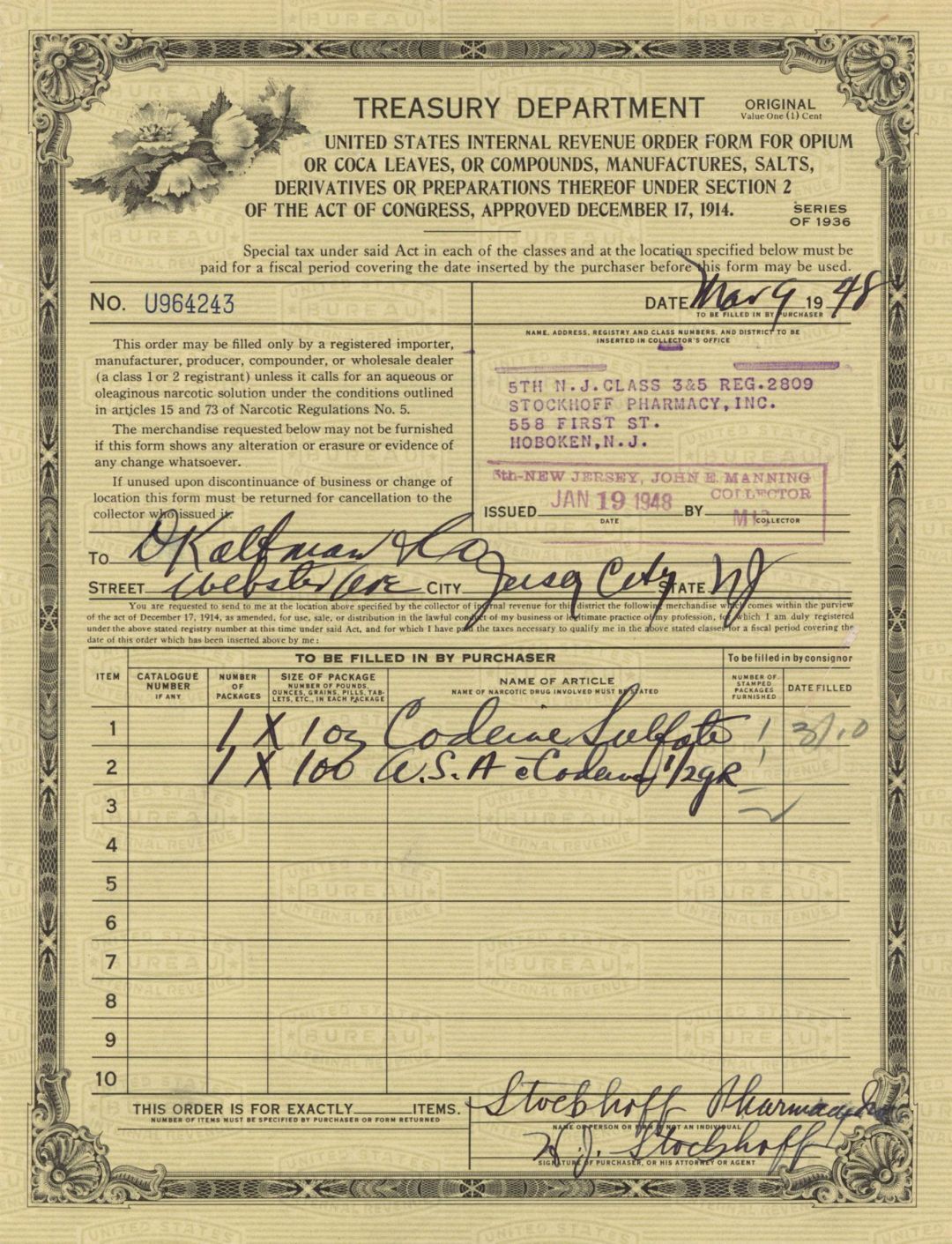 Opium-Coca Leaves - 1930's-1940's dated Drugs Order Form - U.S. Treasury Departm