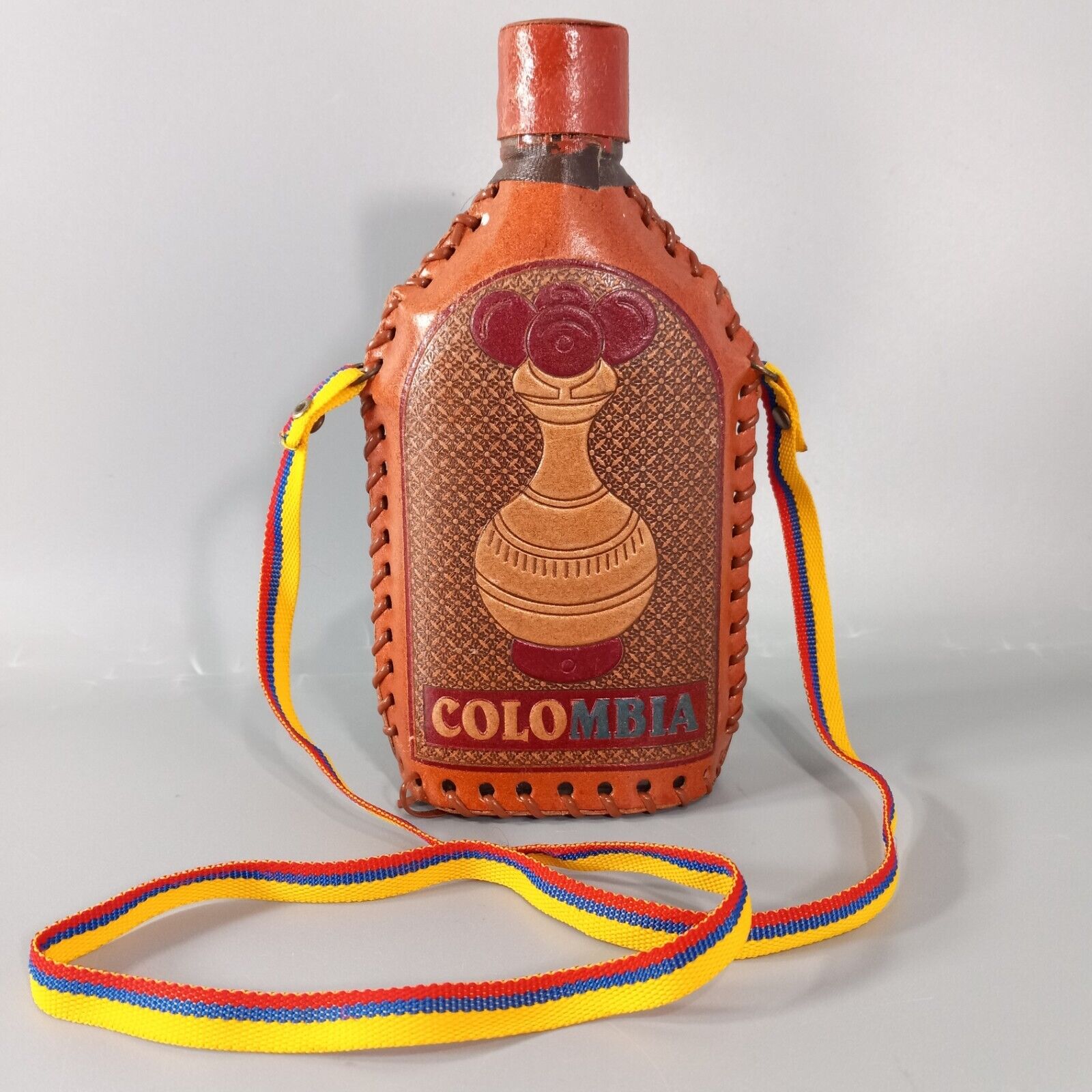 Colombia Flask Folk Art Leather Stitch Wrap Bottle Empty Decanter With Arm Strap