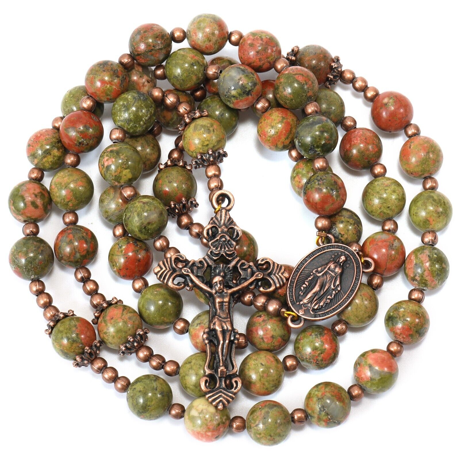 Unakite Agate Stone Beads Rosary Necklace Antique Copper Glory Beads Miraculous