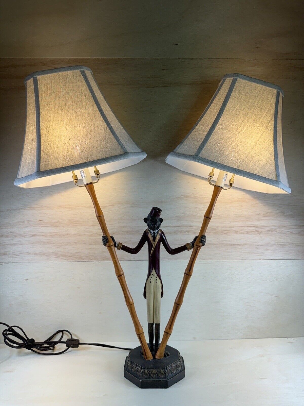 Monkey Bellhop Bamboo Solid Metal Lamp W/ New Beige Bell Shades & LED Bulbs