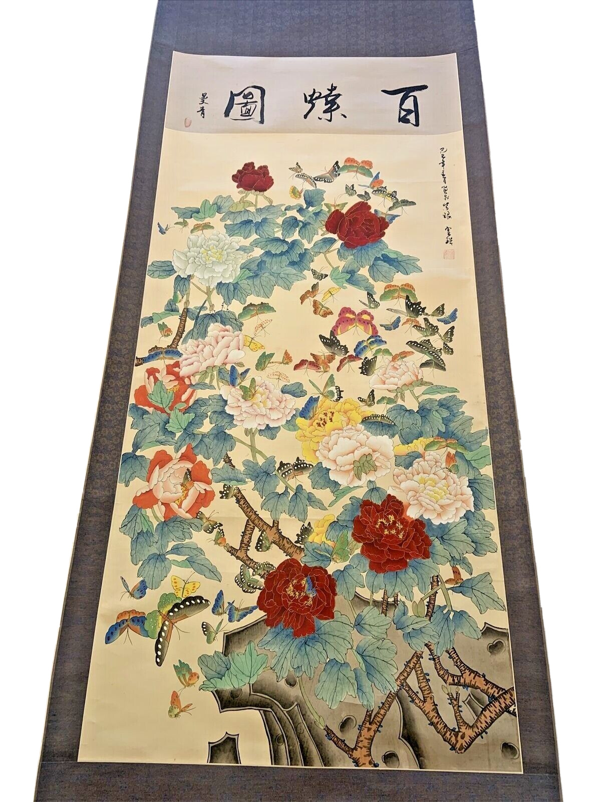 Japanese Painted Silk Scroll Kakejiku Flowers Butterflies Signed Seal
