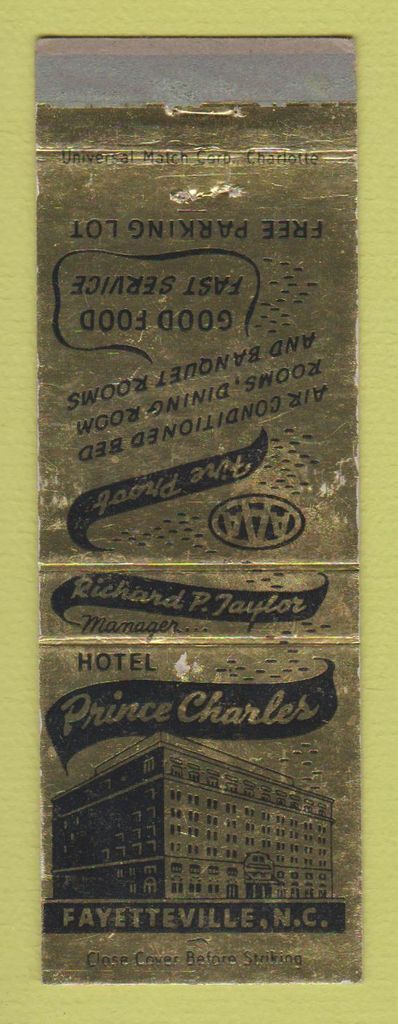 Matchbook Cover - Hotel Prince Charles Fayetteville NC