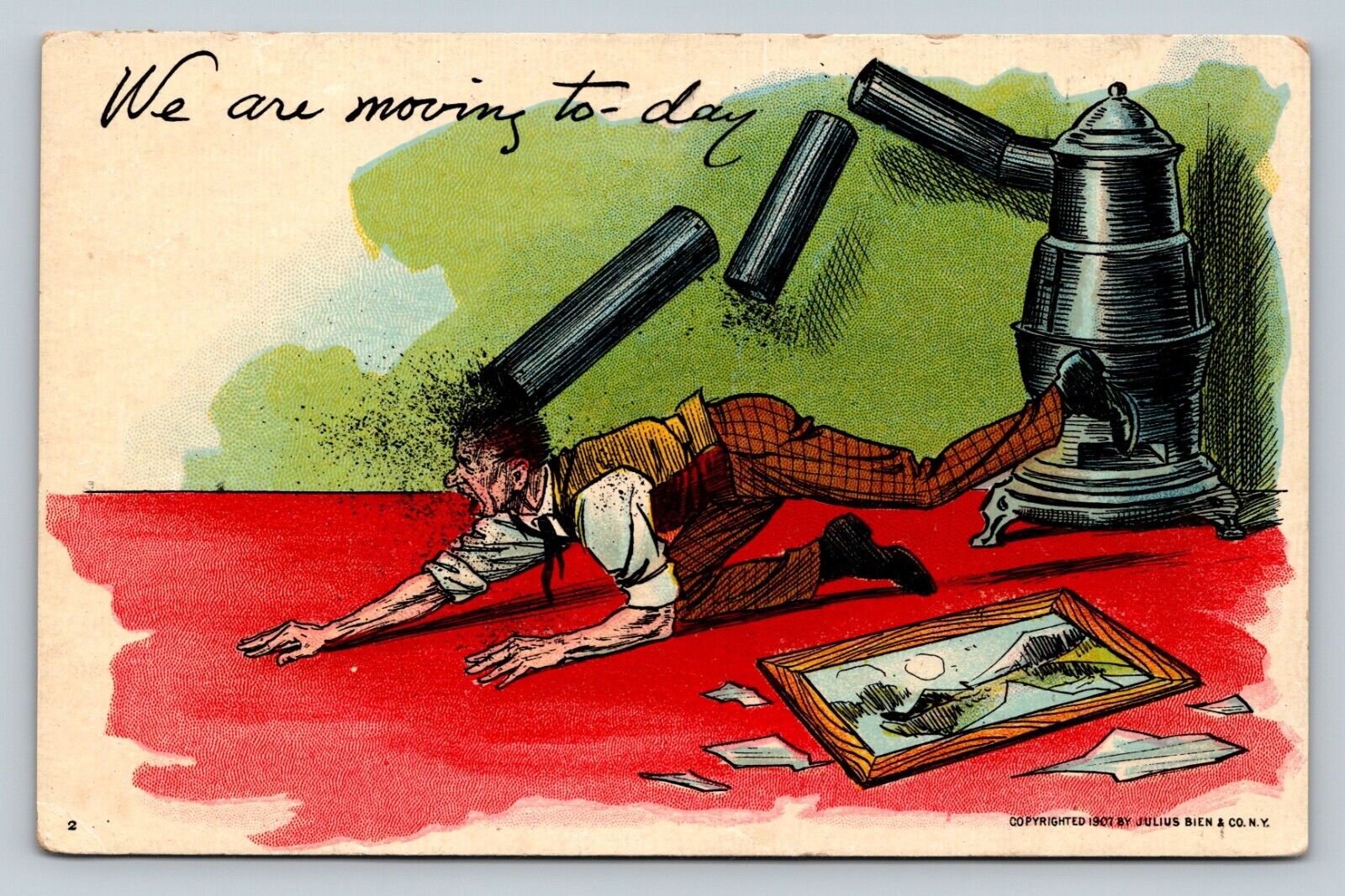 c1907 Man Hit w/ Fireplace Vent Pipe, We Are Moving Today ANTIQUE Postcard