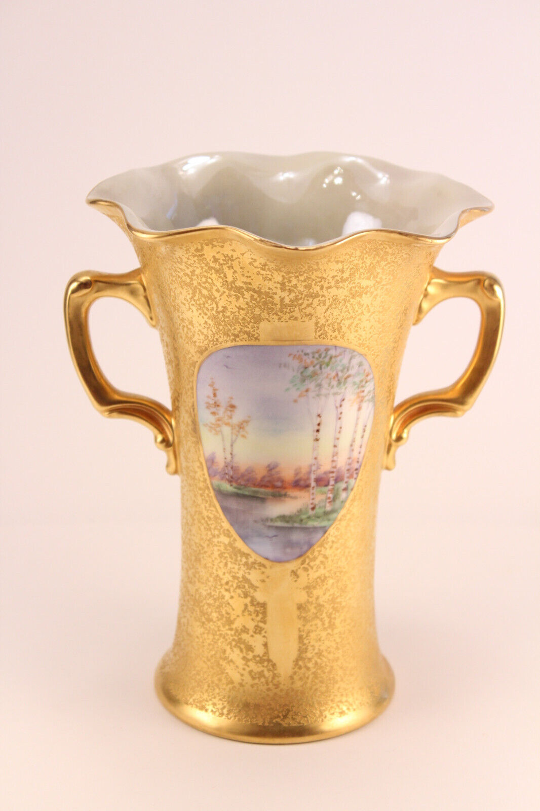 Vtg Antique Gold Encrusted Hand Painted Double Handled Trumpet Vase 1710