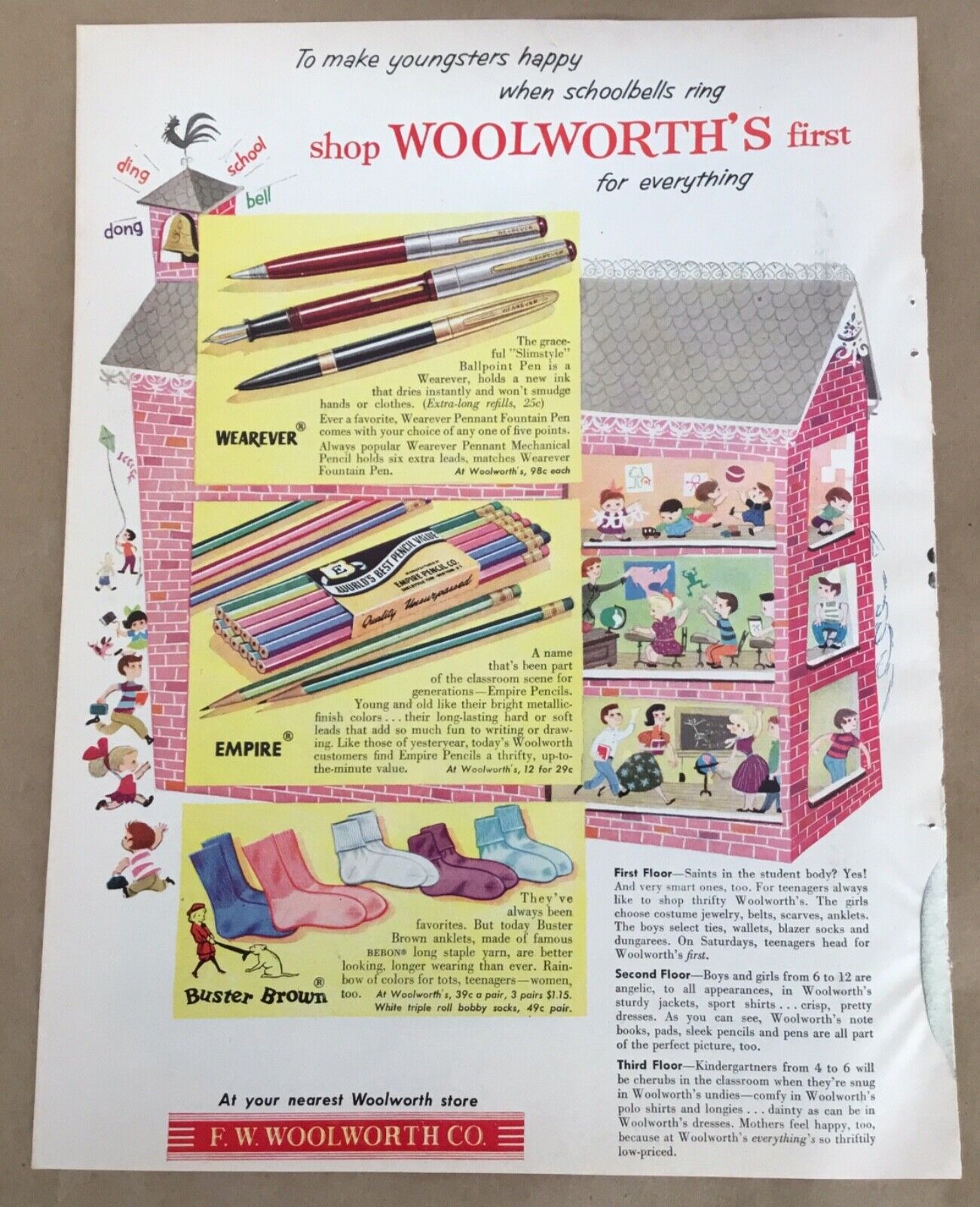 Woolworth\'s print ad 1952 orig vintage 1950s retro home decor art schoolhouse