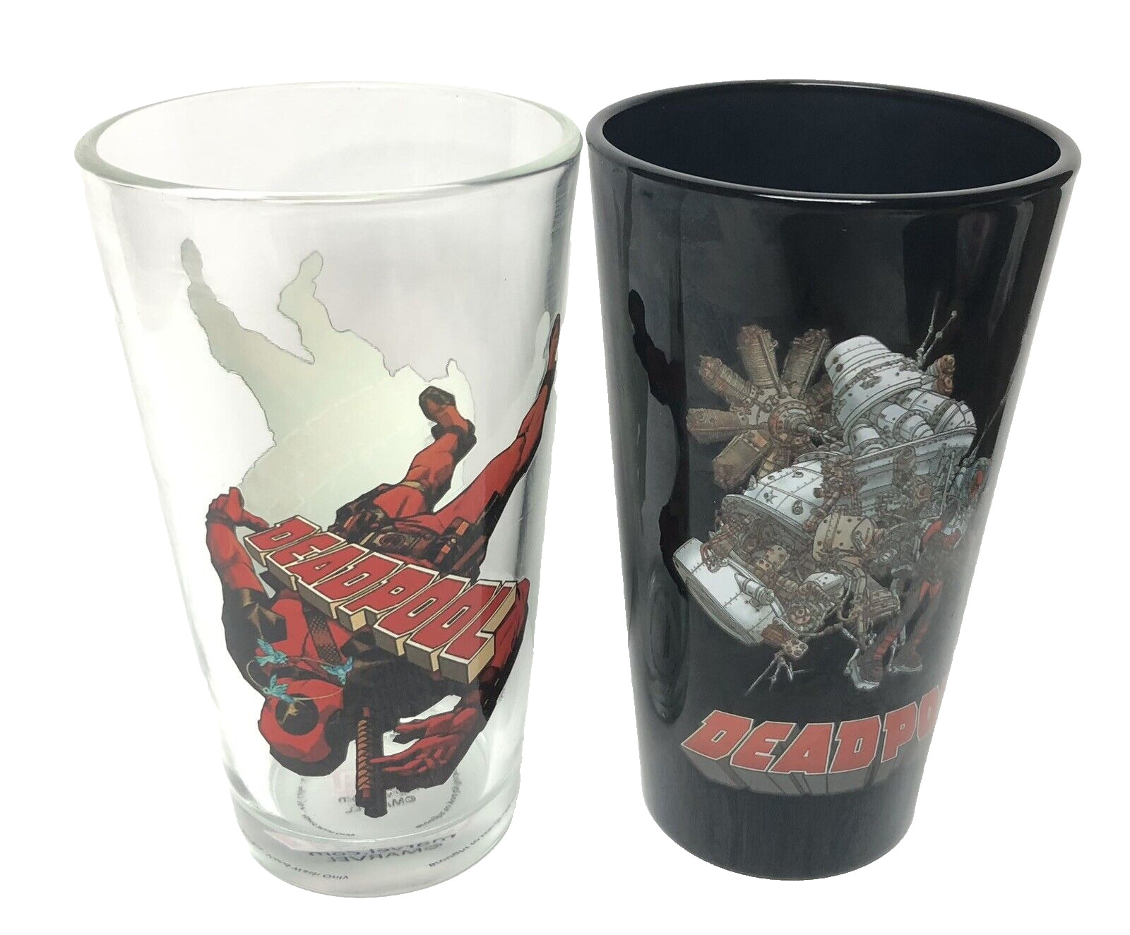 Marvel Deadpool Drinking Glasses Pint Cups Set of 2 Clear & Black  16 oz Tumbler