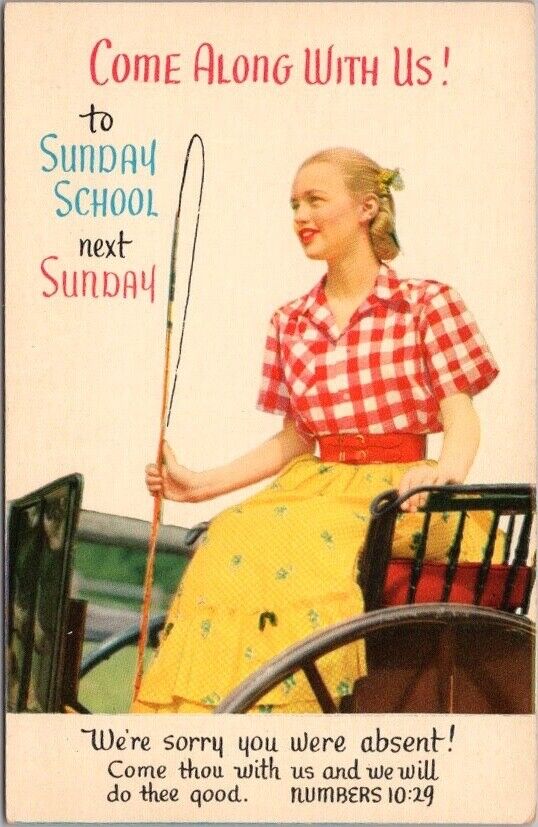 c1950s Church Sunday School Religious Postcard Woman / Horse Cart RALLY DAY